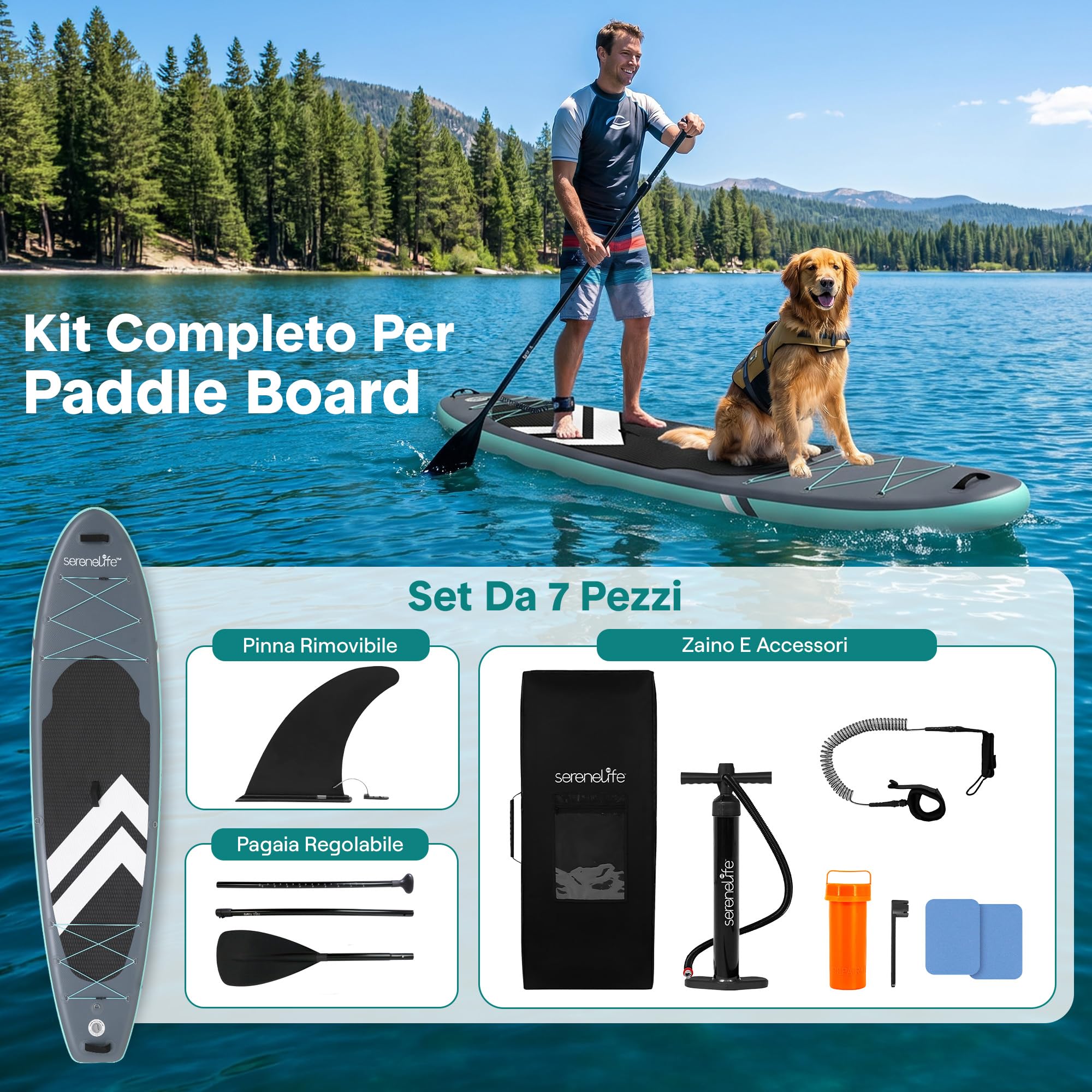 SereneLife SUP Gonfiabile Tavola Stand Up Paddle Board Ultraleggera Larga Stabile Deck EVA Antiscivolo Accessori Premium Capacità 159 kg