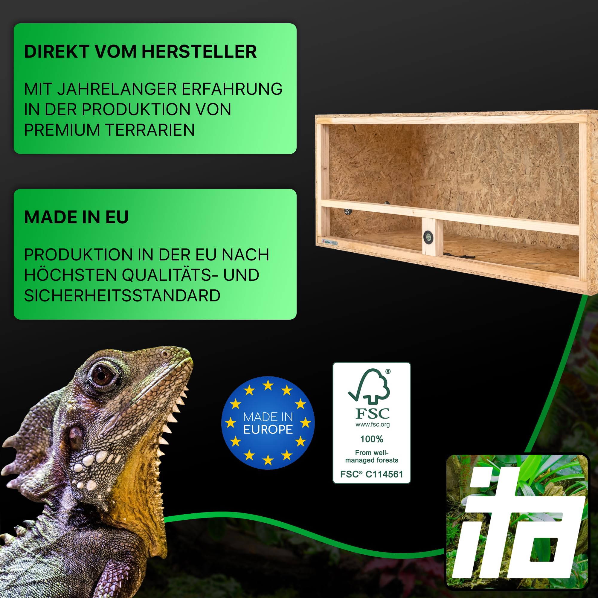 ITA Drewniane terrarium 120 x 50 x 50 cm ze zintegrowaną wentylacją i higrometrem, drewniane terrarium OSB-3, dla gadów, węży, płazów - produkt UE, certyfikat FSC