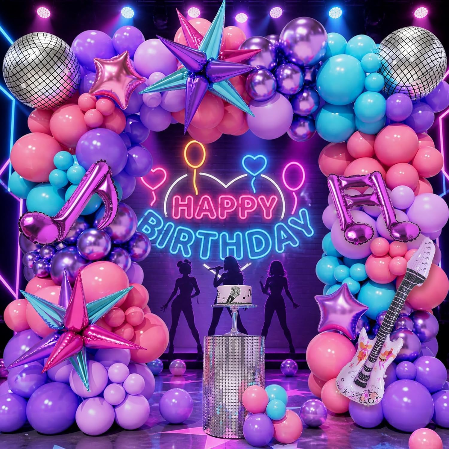 178Pcs K-Pop Music themed Birthday Decorations, Purple Hot Pink Blue Balloon Arch Garland Kit with Disco Ball, Boy Girls fans Kpop Birthday Music Festival Prom Party Supplies Decor