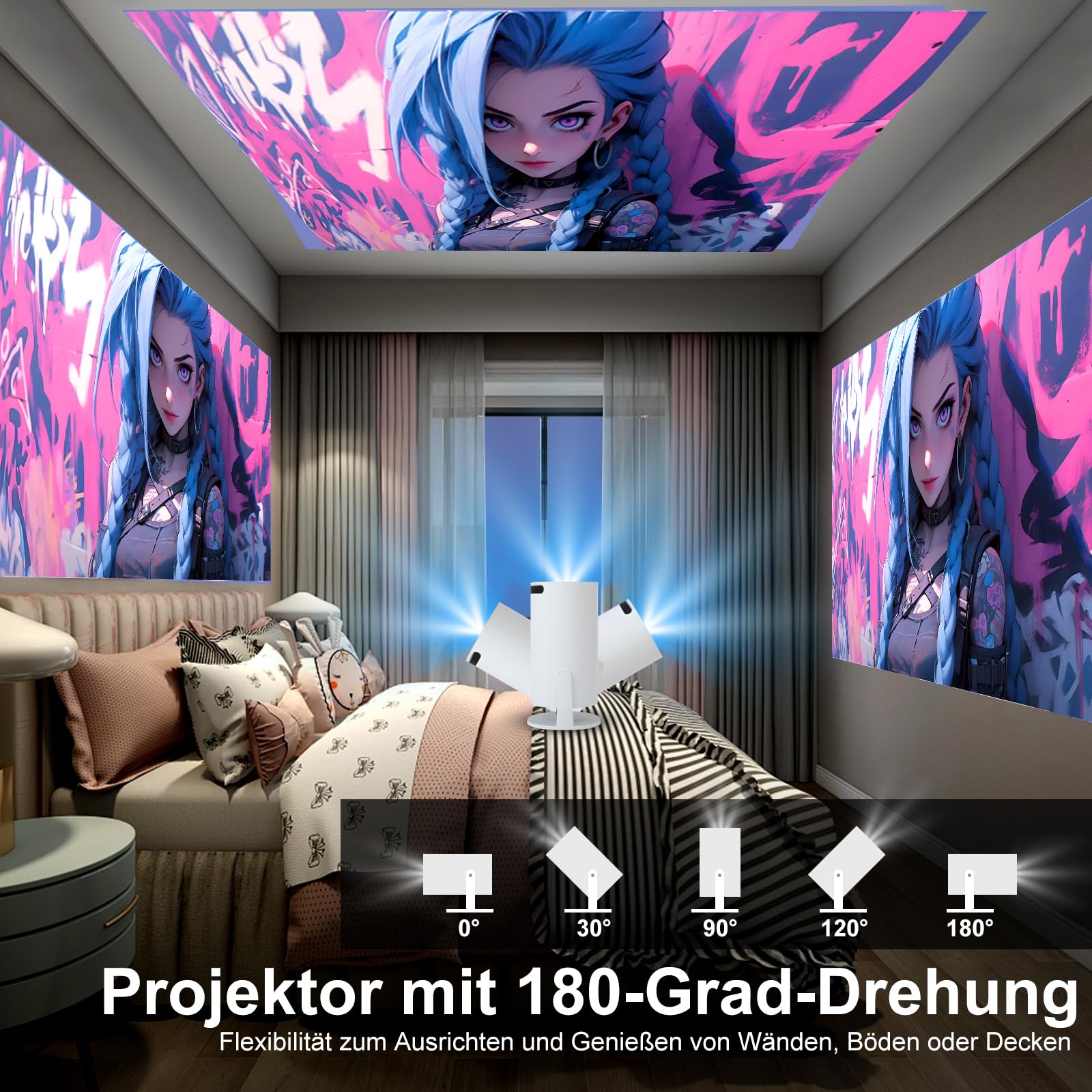 Mini Beamer 4K Unterstützt Android 11,Beamer Handy Outdoor 180°Drehbarer,Mini Projector 5G WiFi 6 BT 5.0,130 Zoll Geeignet für Telefon/PC/HDMI USB,Smart Projector für Handy Phone/TV Stick/Laptop/HDMIv