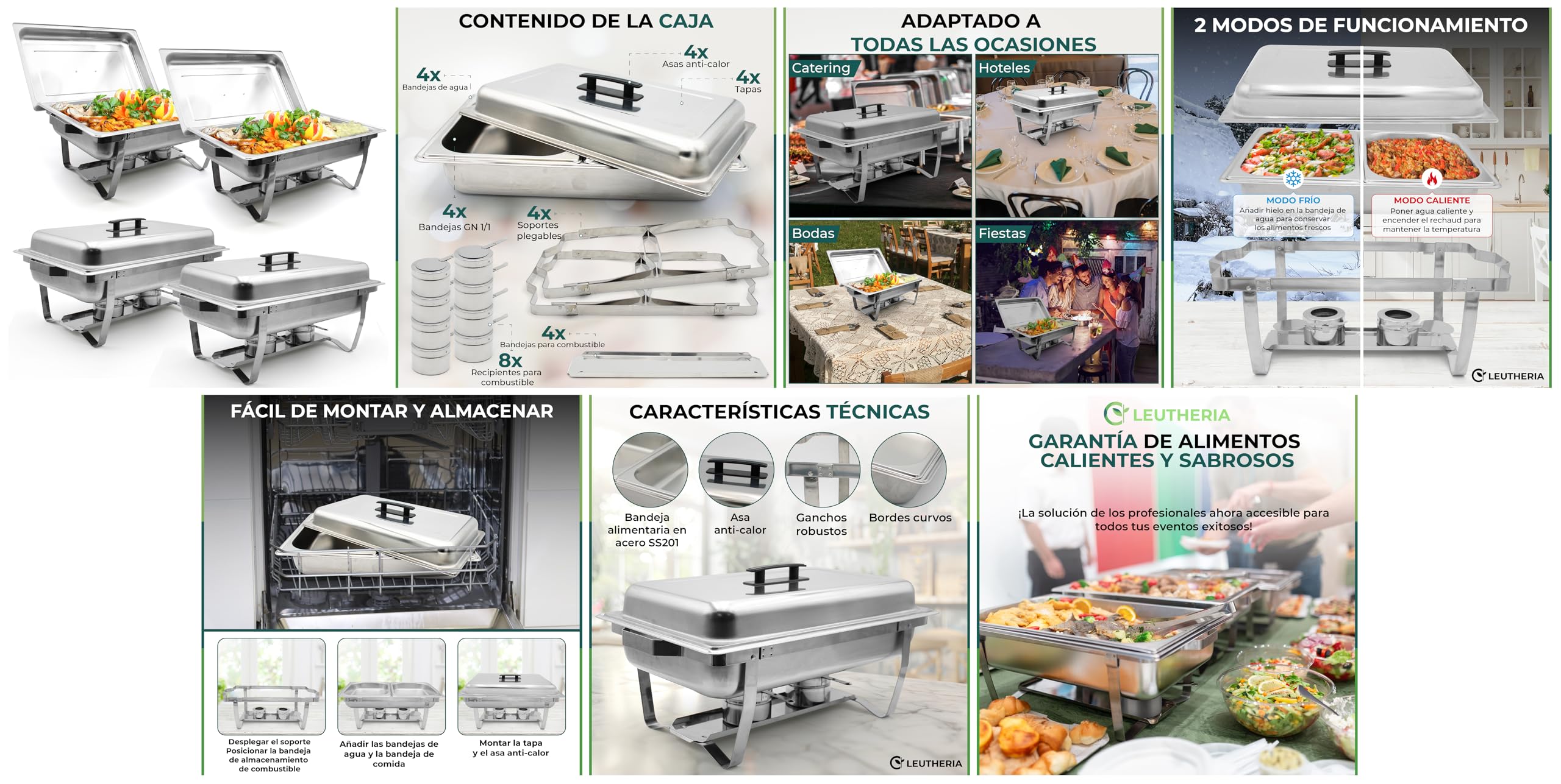 Pack de 4 Calentadores de Platos LEUTHERIA - Chafing Dish Profesional/Acero Inoxidable alimentario para Buffet/baño maría Profesional/Mantenimiento en Caliente/Catering/Hotel/Restaurante