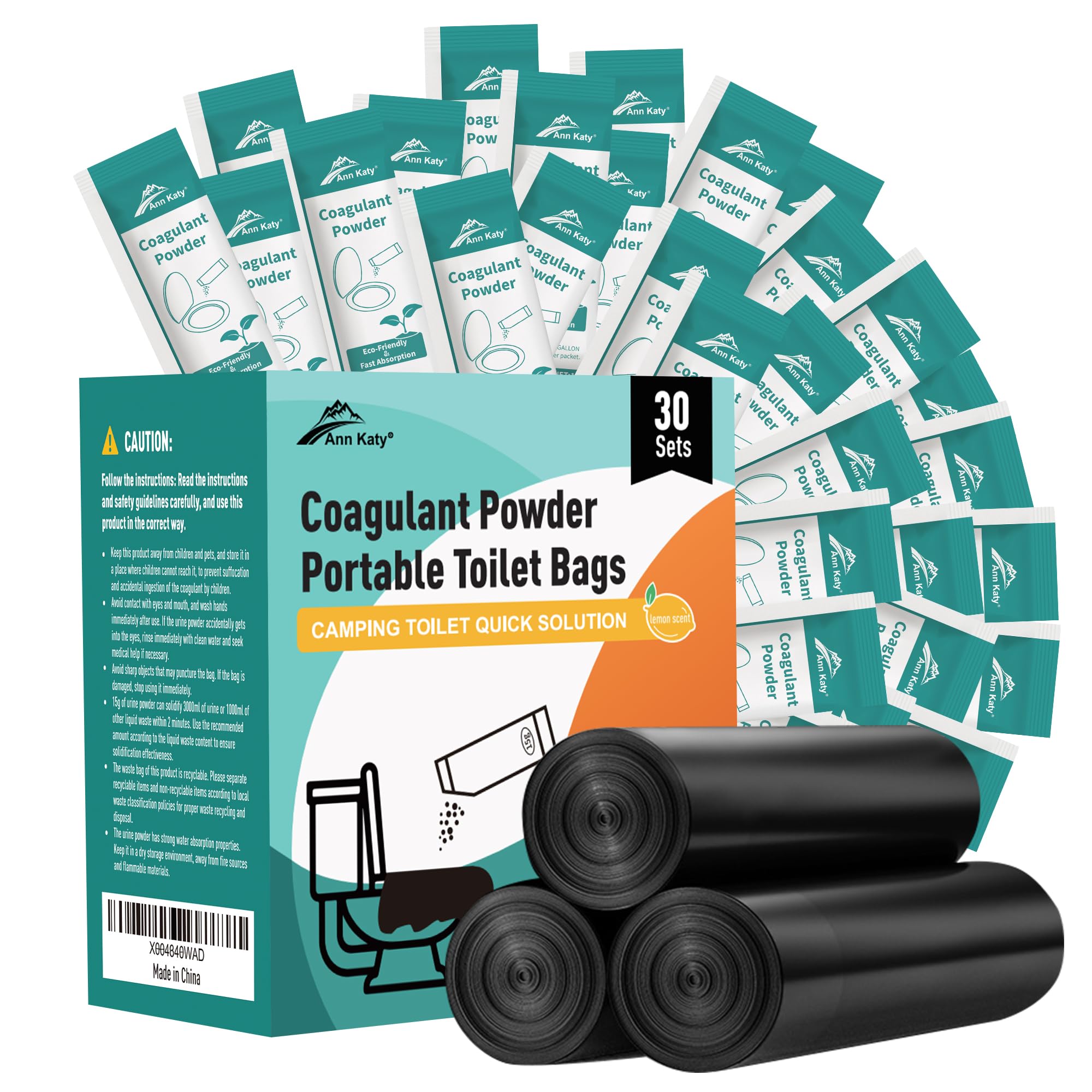 Ann Katy Super saugfähiges Polymer-Gel, tragbares und schnell absorbierendes Camping-Toiletten-Chemikalien-Gel mit 1,8 l Eimer, WC-Gepäck-Kordelzug, Notfall-Toilettenbeutel und Töpfchen-Gel, 30 Stück