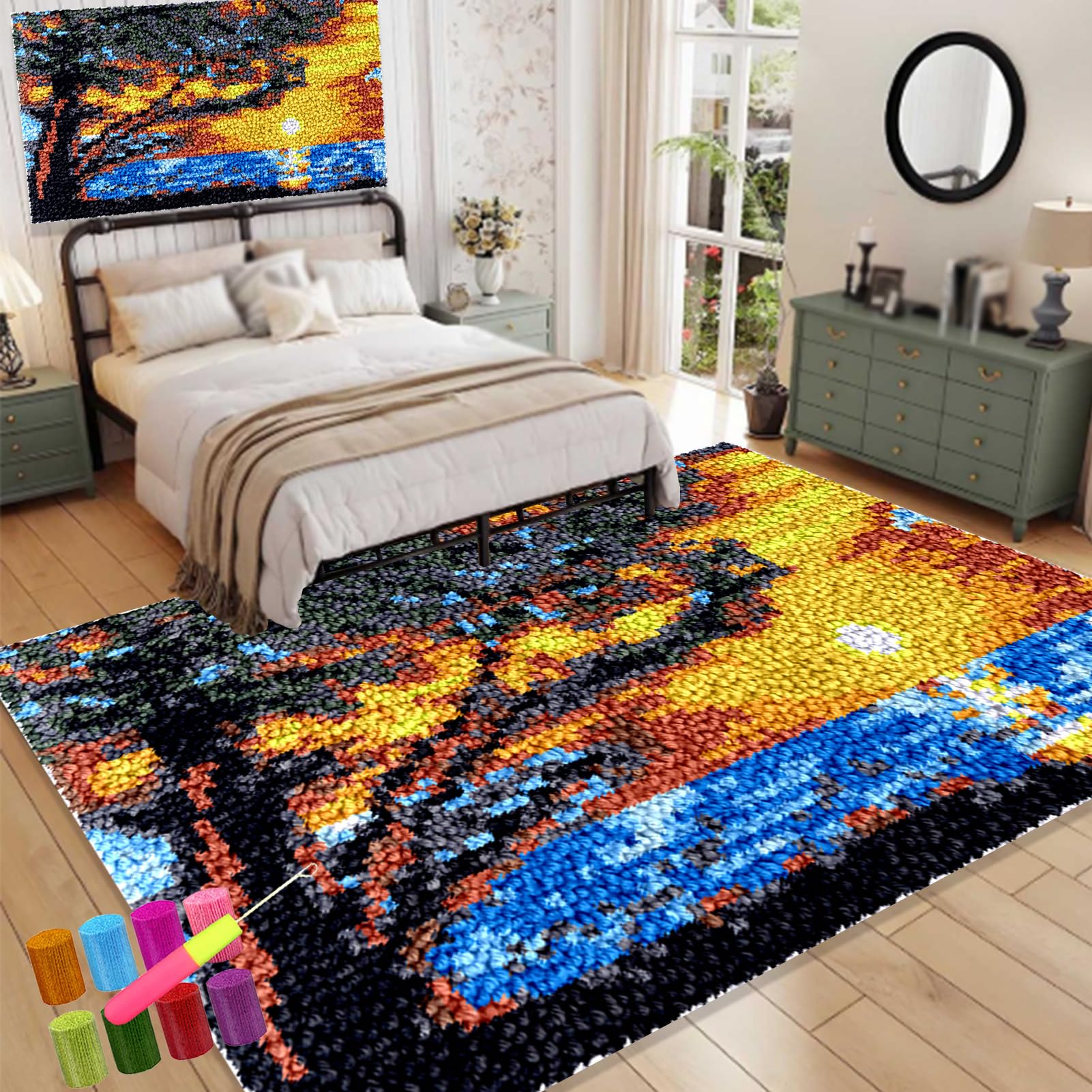 61 x 87 cm Zestaw dywaników szydełkowych z wiązanym ściegiem zatrzask poduszka DIY szydełkowa mata do szydełkowania dla dorosłych, wstępnie wydrukowany wzór kolorowy zestaw do robienia dywanów z