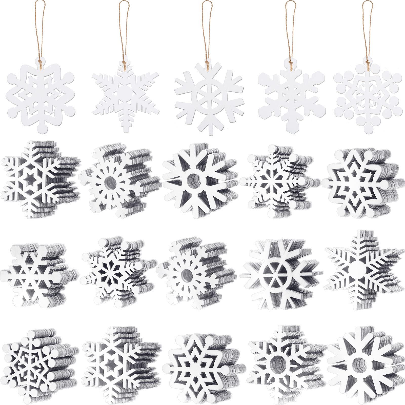 Lot de 100 décorations de Noël en bois brut en forme de flocon de neige à suspendre avec cordon pour décorations de sapin de Noël (blanc, 7,9 cm)
