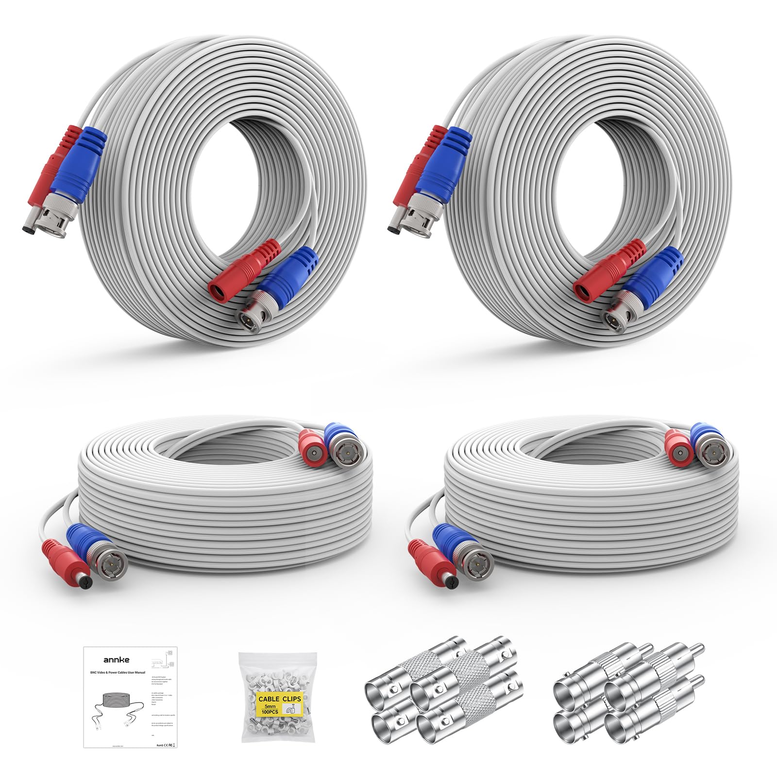 ANNKE 30M/100ft BNC Cable, Video Power Extension Surveillance Camera Cables for CCTV Security DVR System Installation, Free 8X BNC Connectors and 100pcs Cable Clips Included, 4 Pack, White