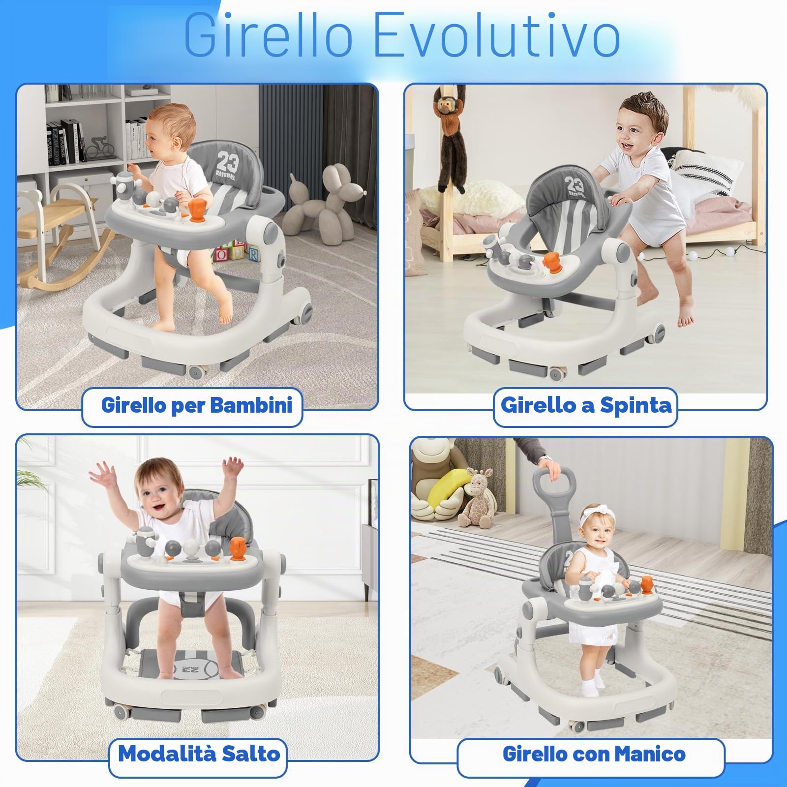 3 in 1 Girello Neonato, Baby Walker per Bambini con ruote, luce, musica, centro giochi, Altezza Regolabili, Carrellino per Bimbi 6-18 Mesi (Grigio)