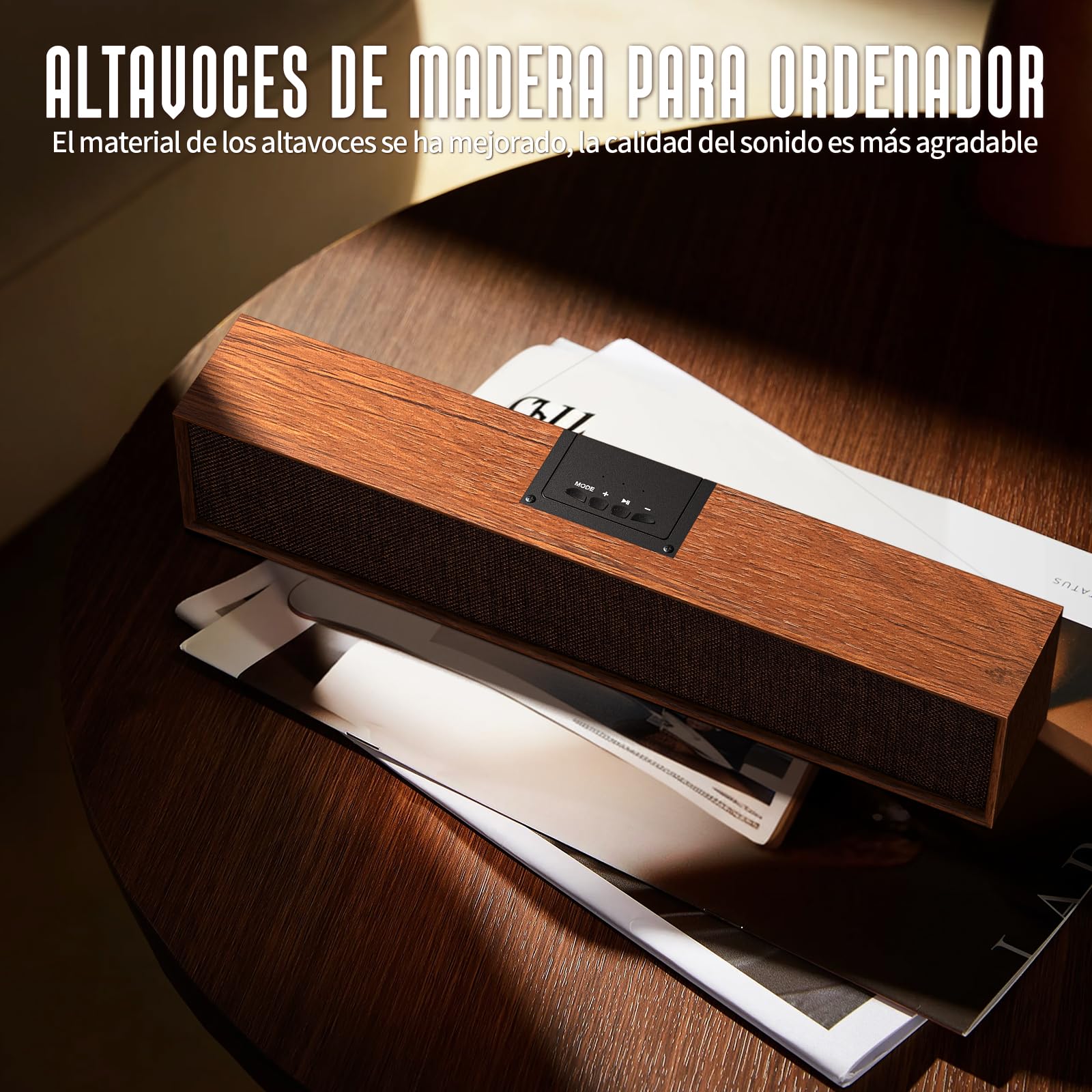 Altavoces Bluetooth para ordenador - Barra de sonido de madera con Bluetooth 5.3 y conectividad USB | Compatibilidad universal para PC, ordenador de sobremesa, portátil, monitor, tableta y smartphone