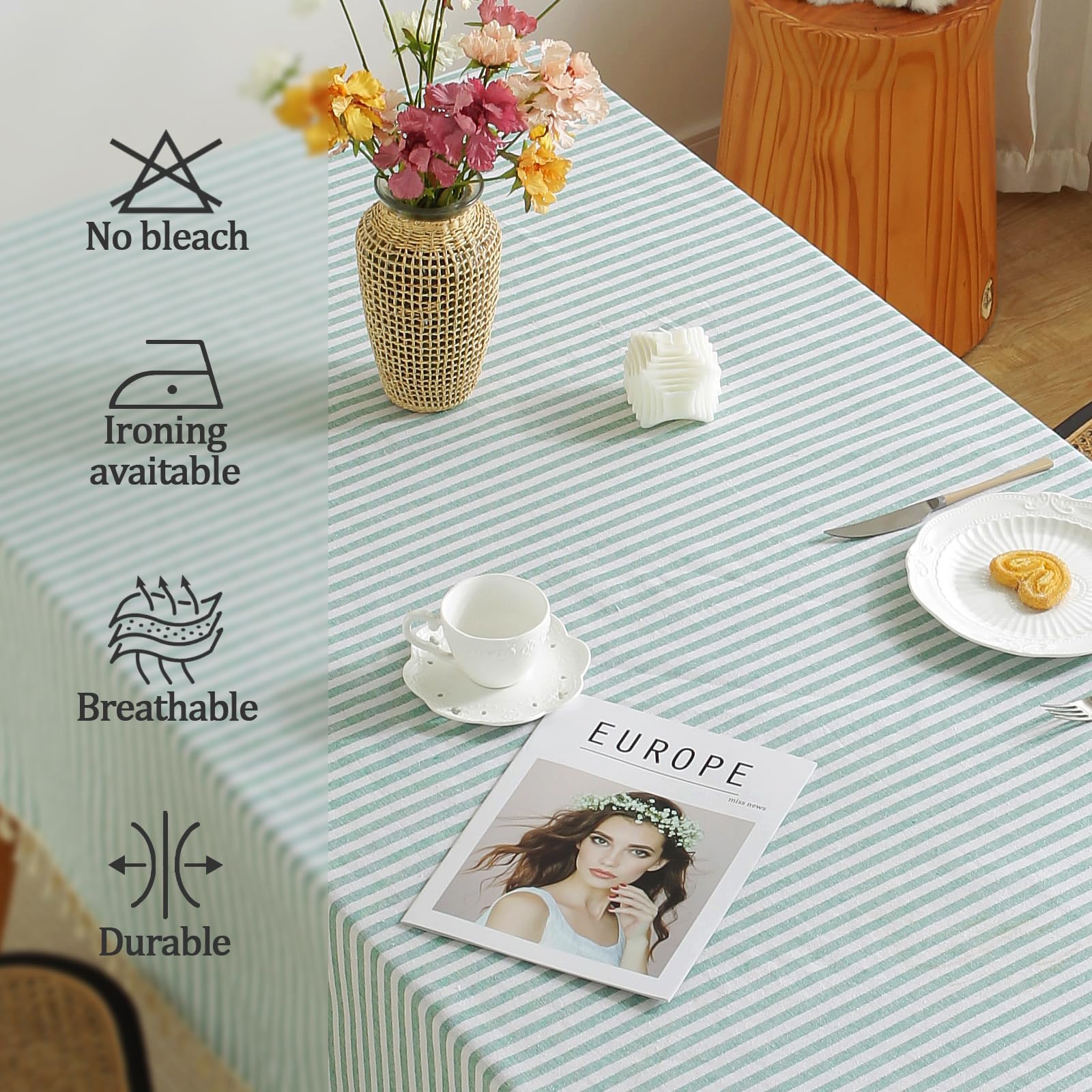 Meioro Manteles Rectangular Mantel Antimanchas Mantel para Mesa de Lino Striped Tassel Tablecloth La decoración del hogar es Adecuada para Interiores y Exteriores