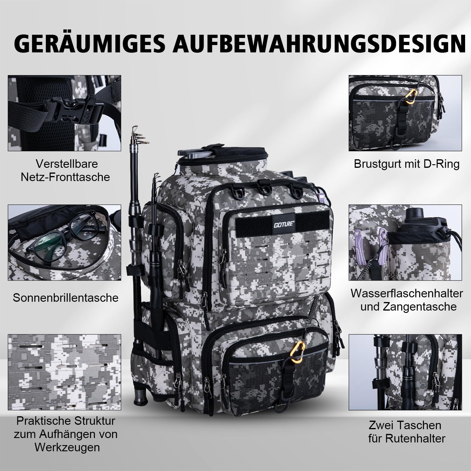 Goture Angelrucksack mit 4 Köderbox Angeln, 45-Liter Angelzubehör-Rucksack mit Zwei Rutenhaltern und Regenschutz, 900D Oxford-Gewebe Wasserabweisende Angelgerätetasche mit verstellbarem Fach