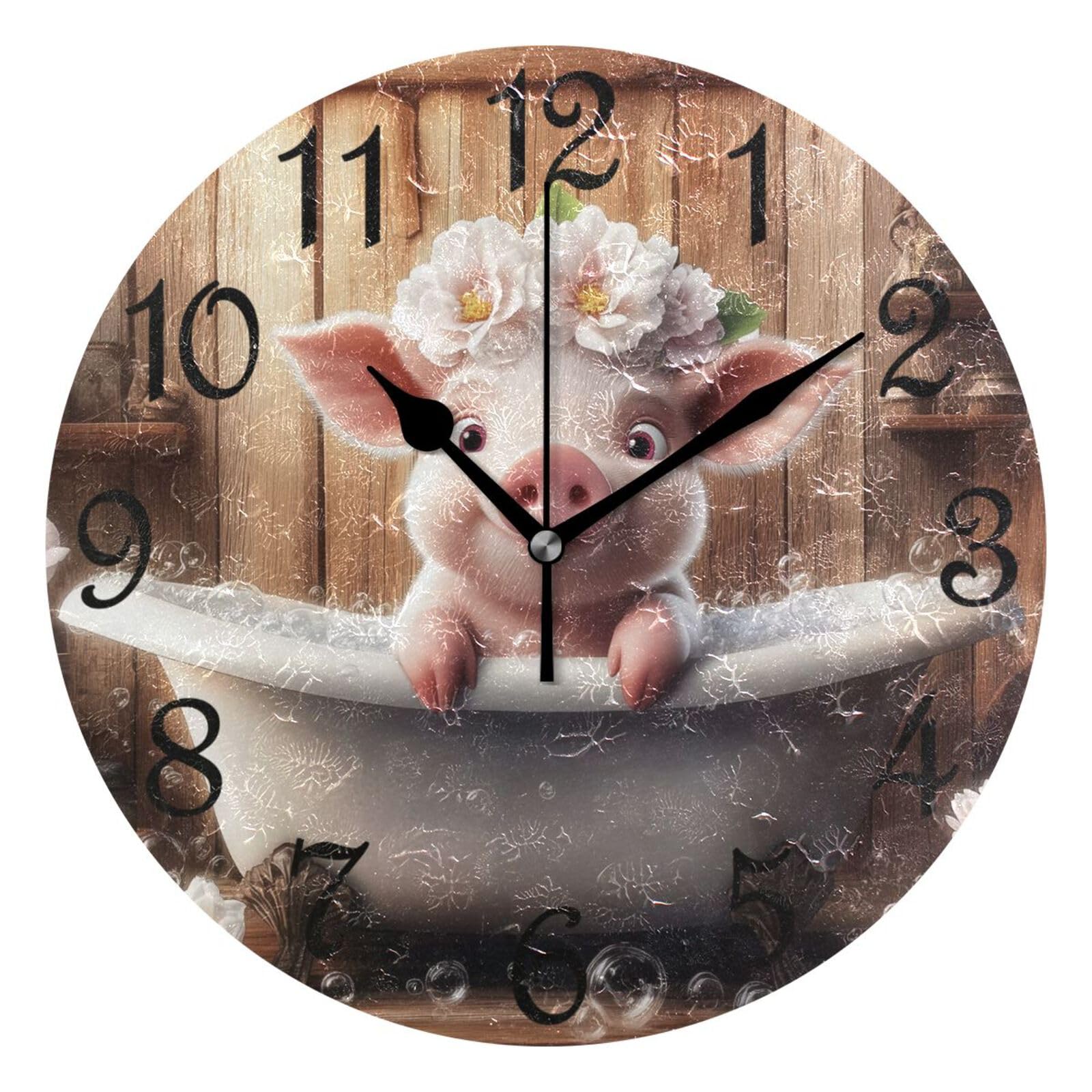 Pendule murale cochon en bois 25cm pour cuisine et classe