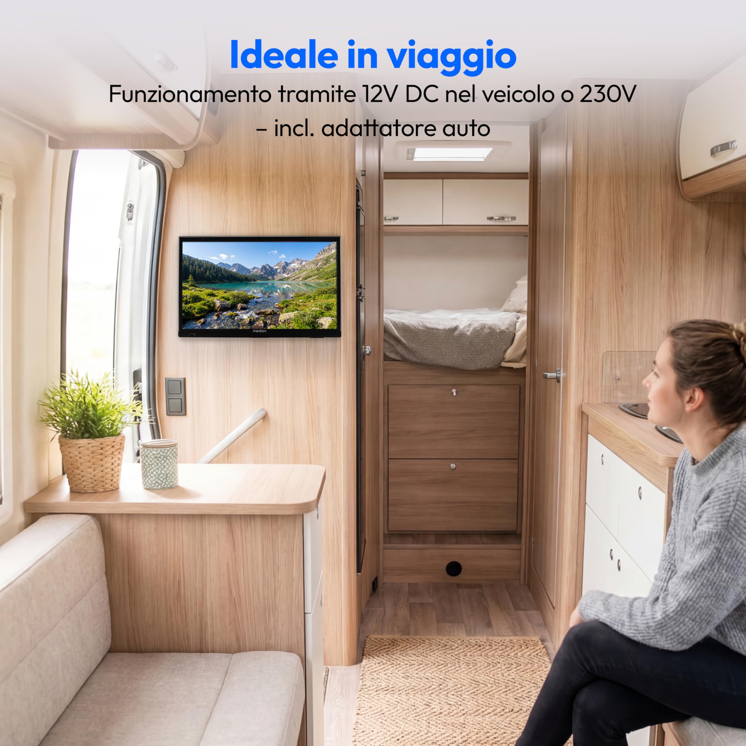 MEDION TV 19 pollici (47 cm) HD TV (perfetto per campeggio, camper, camion, giardino, adattatore per auto da 12 V, DVB-T2 HD, DVB-C, DVB-S2, HEVC, HDMI, USB, MD 819000)