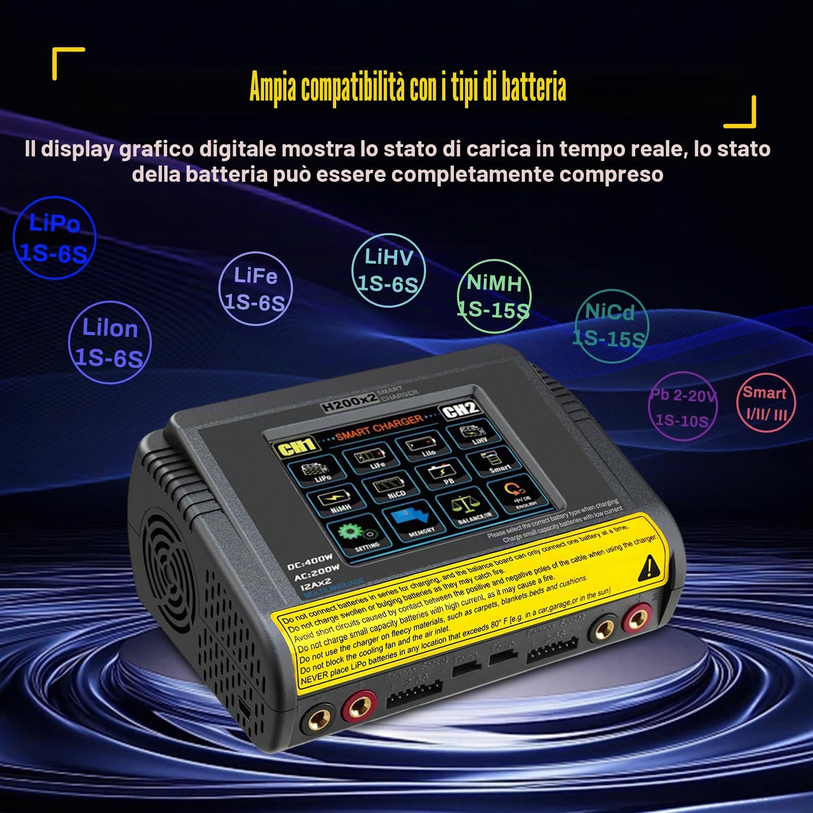 Caricabatterie lipo T400 AC200W/DC400W 12A,lipo caricatore bilanciato doppio scarico 3,2 pollici a colori touch screen scaricatore per LiPo/Lilon/LiFe/NiMH/NiCd/PB/NiMH