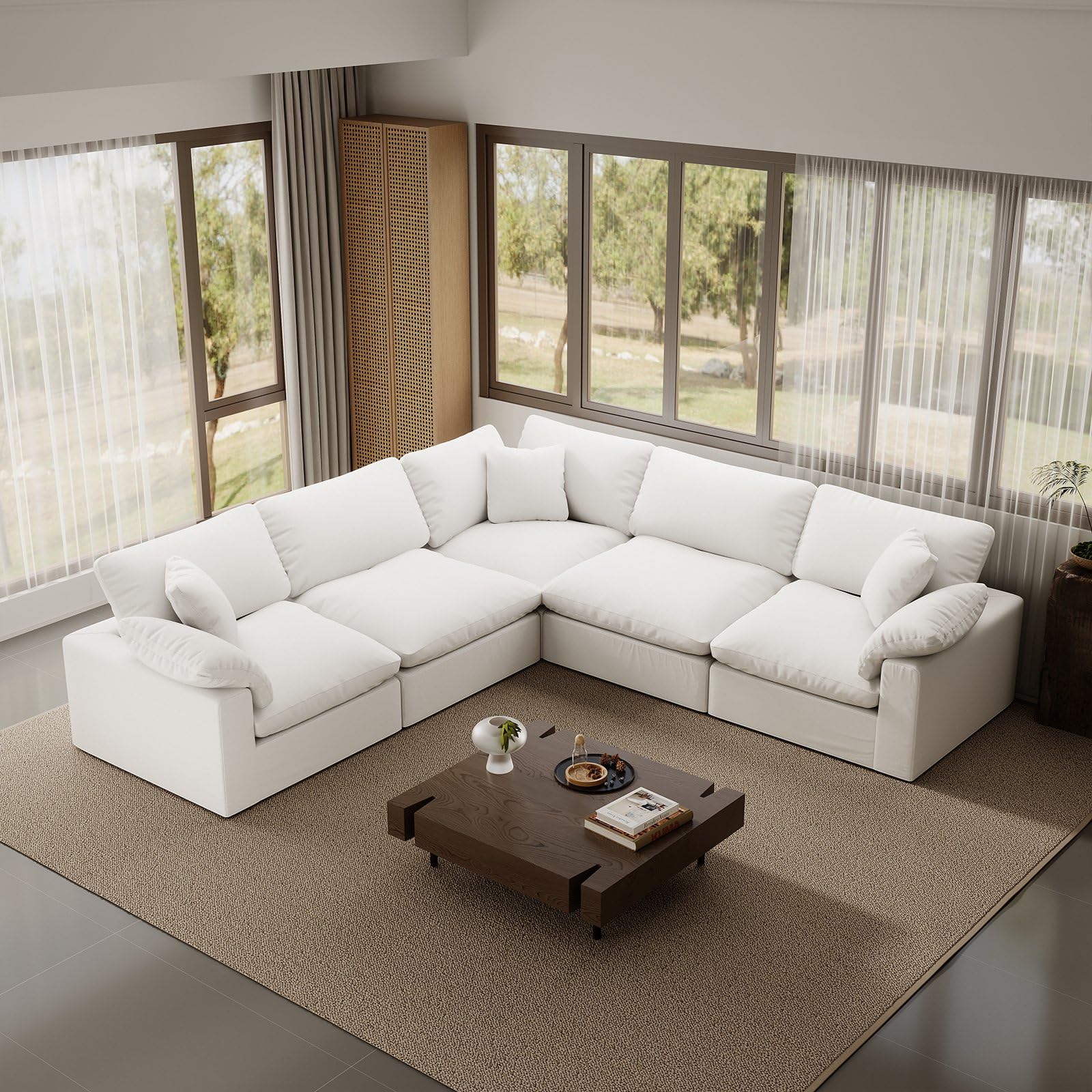 Cloud Modular Sectional Sofa,211.6" Down Filled Sofa 5 Seat with Chaise,Minimalist Sofa Cover Washable and Replaceable Couches for Living Room,Sectional Sofa Deep Seat White