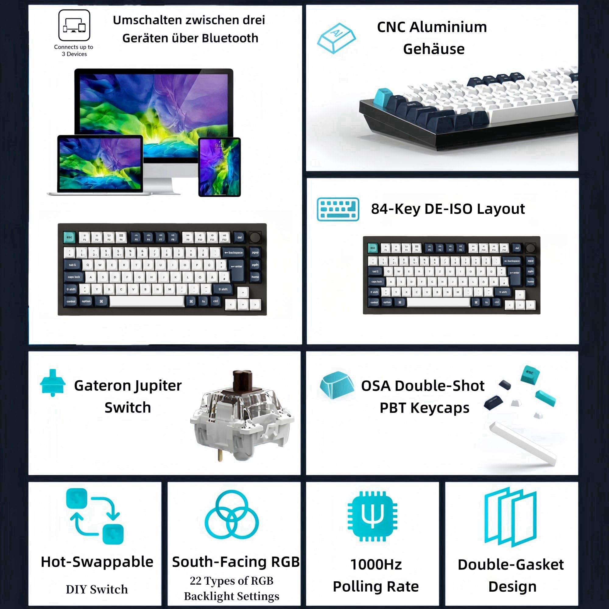 Keychron Q1 Max QMK/VIA Custom Mechanische Tastatur, 82-Key DE-ISO Layout Full Metal Programmable Knob,2.4 GHz/Bluetooth/Wired RGB Hot-Swappable Gateron Brauner Switch für Mac Windows Linux