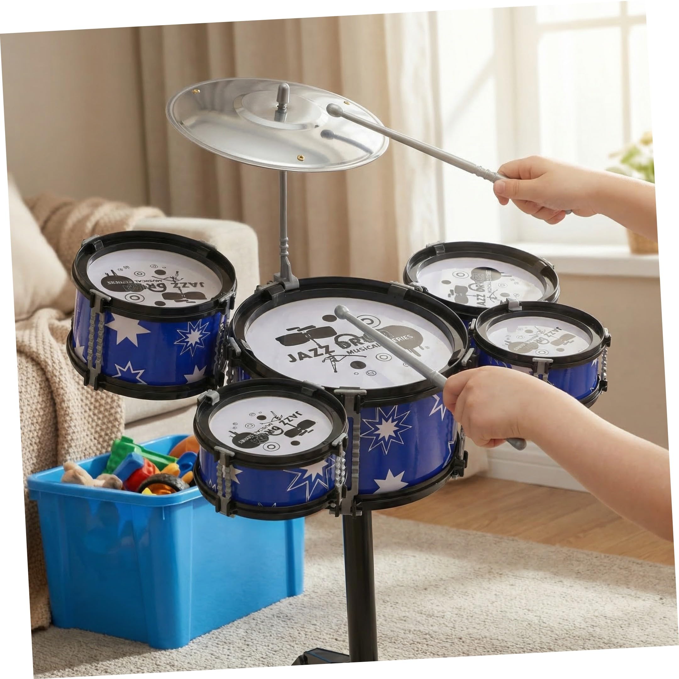 SUPVOX Set di Batteria 5 Tamburi in Plastica per Bambini 21 Pollici Strumenti Musicali Percussioni Sgabello e Bacchette , Gioco Educativo per Bambini Piccoli