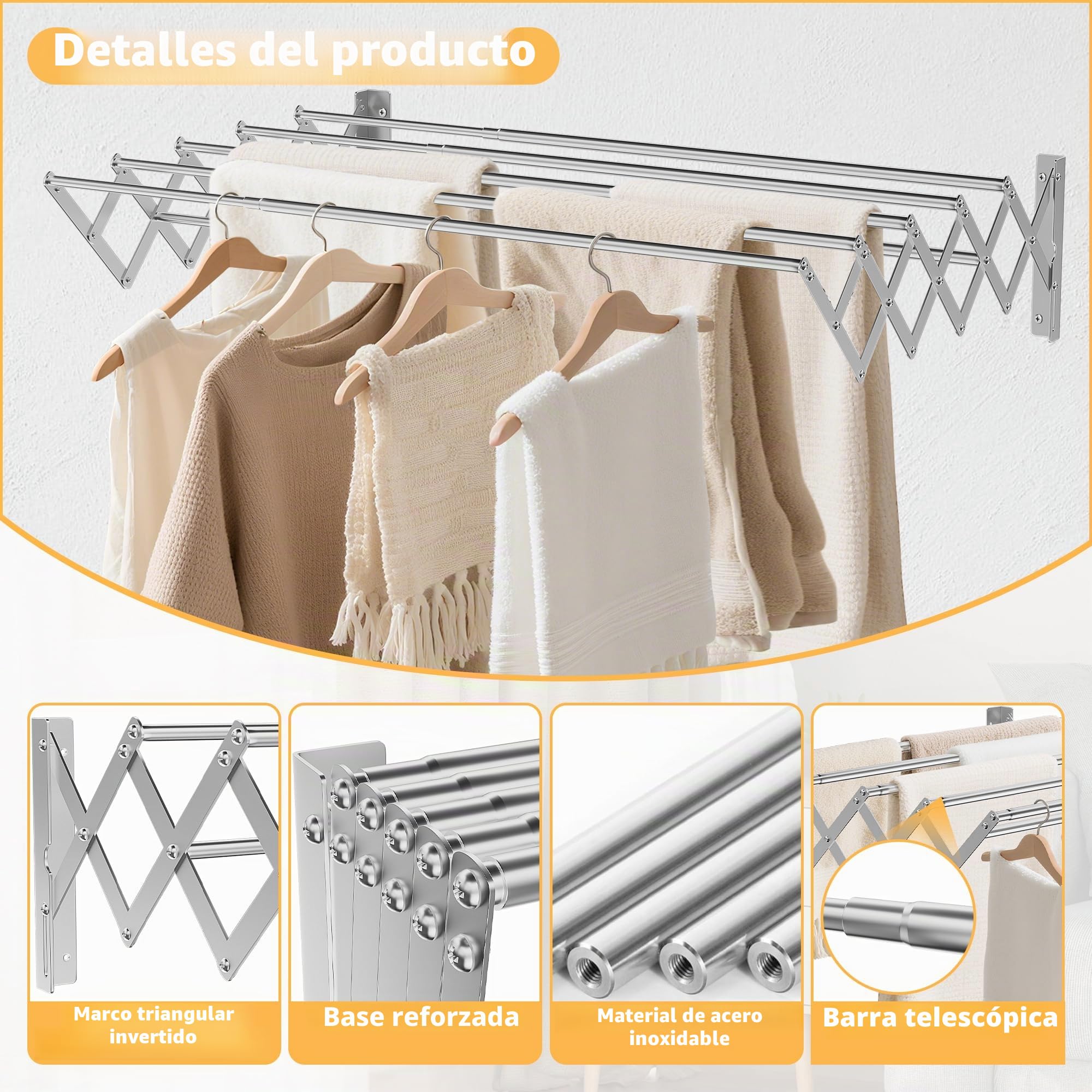 OUUTMEE Tendedero de pared de acero inoxidable extensible, área telescópica frontal y trasera: 12~68cm, con siete varillas de tracción, capacidad de carga 7.5kg (Plata)
