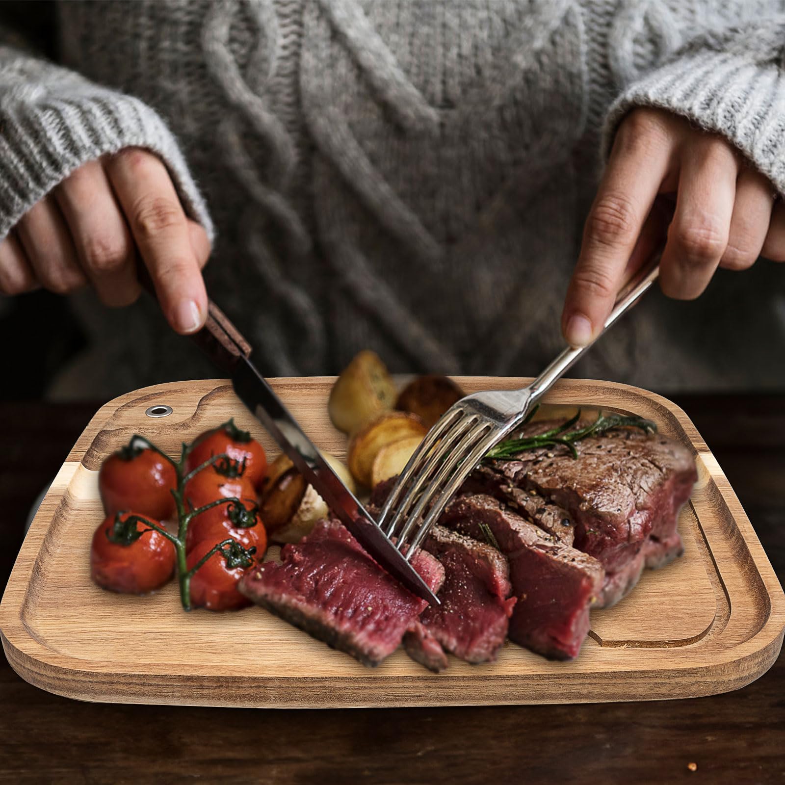 6er Set Akazienholz Steak Bretter, Holz Steak Servierbrett mit Saftk | Küche Schneidebrett Steakteller Servierplatte Holzbrett Brett für Fleisch Grill Brot Dessert Burger Pizza Sushi, 33 x 28 cm