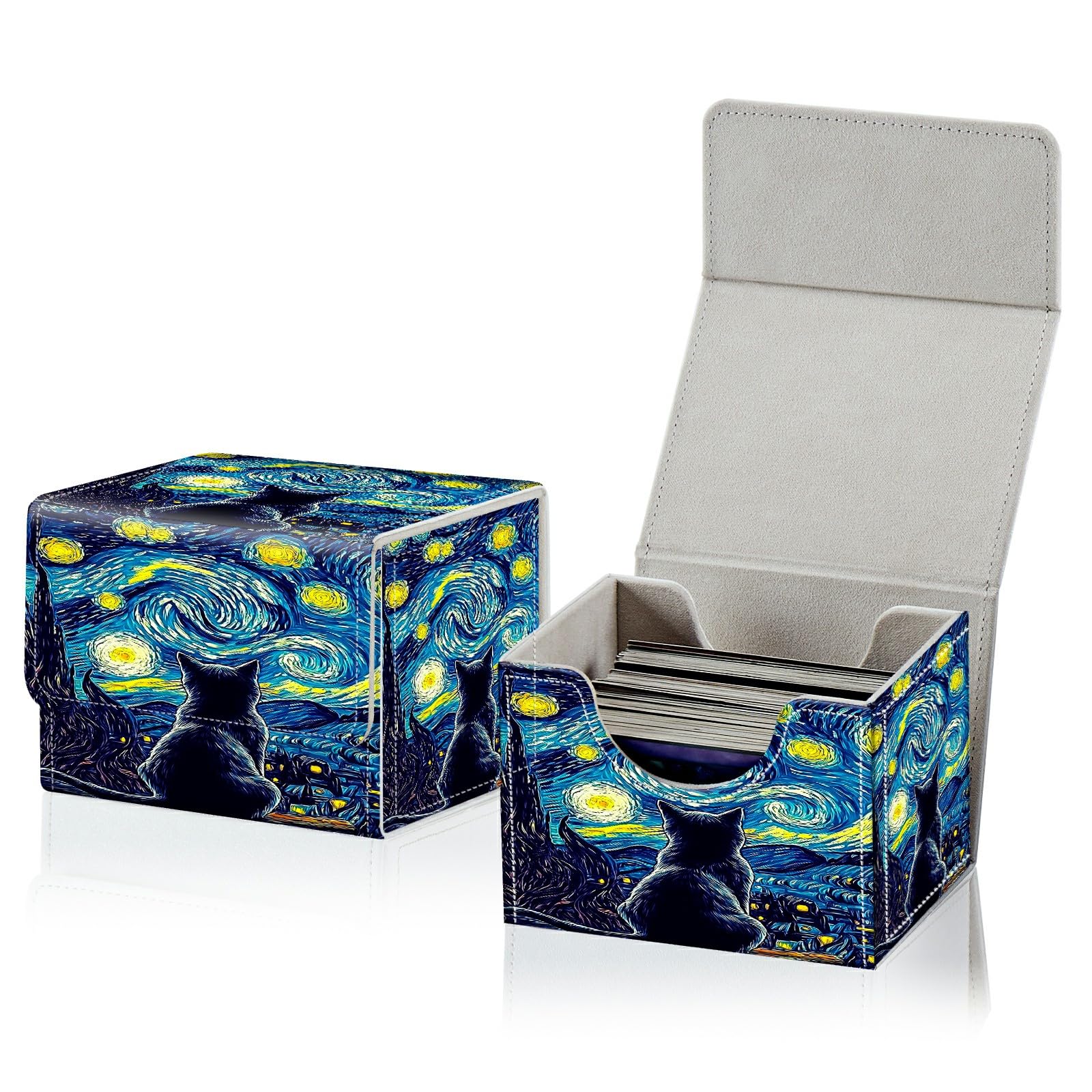 RWUTYTIUL Card Deck Box for MTG, Cards Storage Box Fits 120+ Sleeved, Leather Small Size Strong Magnetic Closing Card Case for Board Games Magic TCG CCG Baseball Collection, Galaxy Black Cat