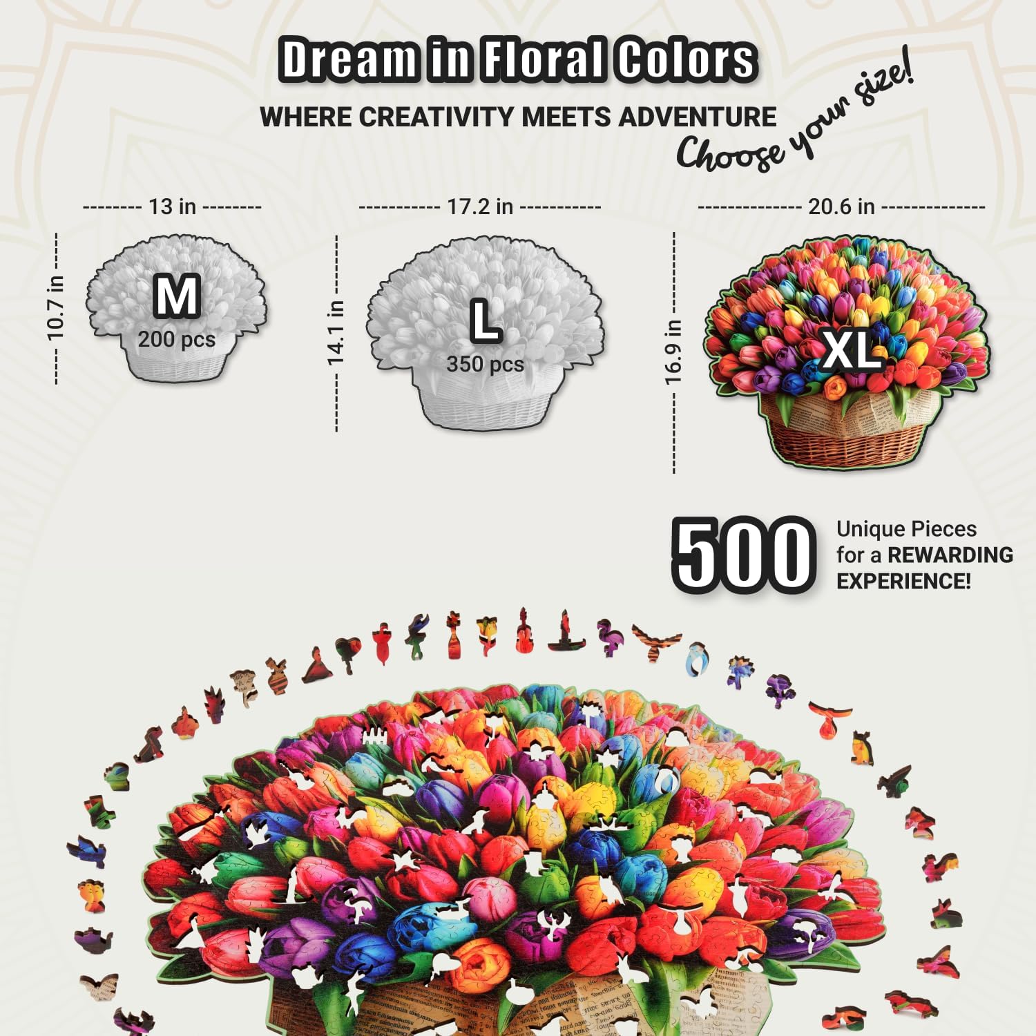LEOGOR Wooden Jigsaw Puzzles for Adults 500 Pieces (20.6 x 16.9 in), Rainbow Flower Puzzle, Large Tulip Mosaic Wood Puzzle with Unique Animal Shapes, Extra-Thick 5mm Pieces, Premium Gift for Women