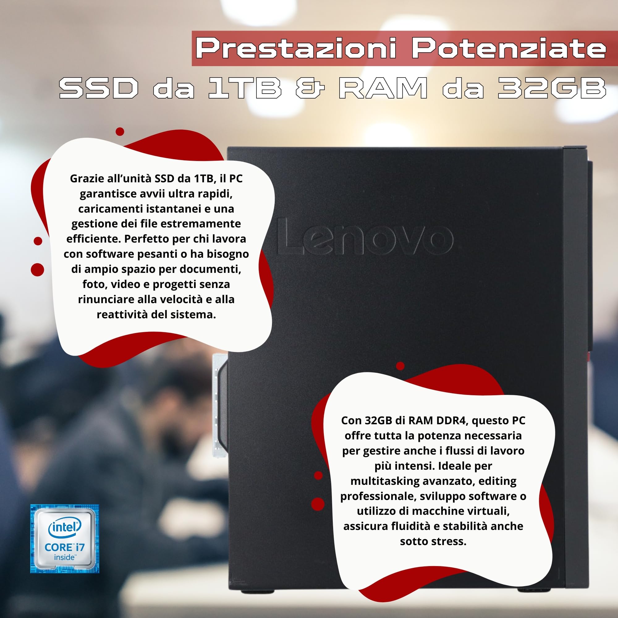 Lenovo PC Completo Ufficio Professionale i7 no a 4.0ghz - Monitor 27 Pollici FHD 32 GB di Ram 1 Tera SSD Nvme - - Win 11 Pro MS Office Garanzia 36 MEsi