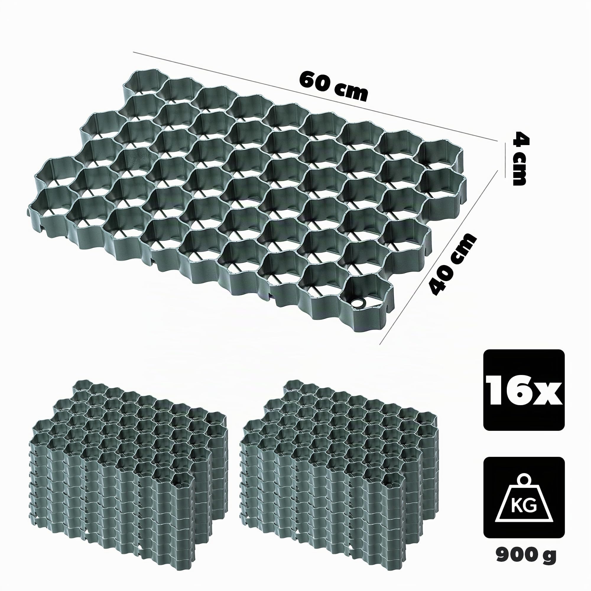 KADAX Dalles Stabilisatrices en Polyéthylène 60 x 40 cm, Stabilisateurs de Gravier, Dalles à Engazonner pour Jardins, Grilles de Gazon (Vert, Lot de 16)