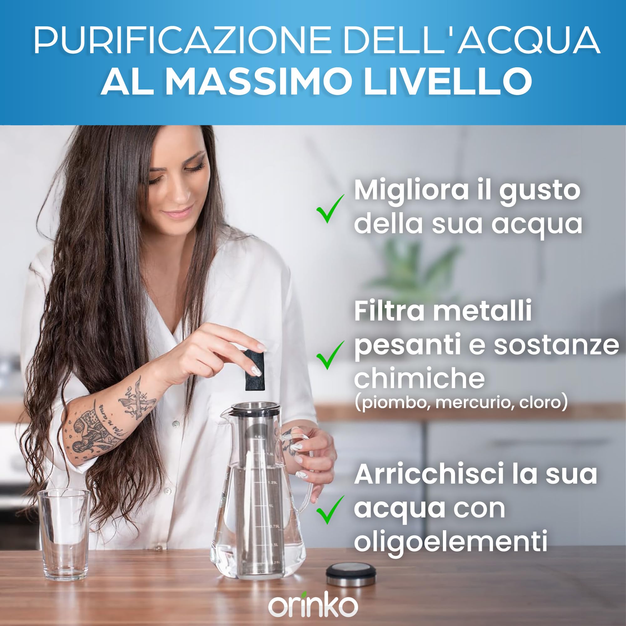 ORINKO® Caraffa Filtrante Vetro 1,6 L con Filtro Inox e Carbone Attivo Binchotan - Acqua Pura e Gusto Naturale - Accessorio Ecologico Zero Plastica per Cucina Sostenibile e Benessere