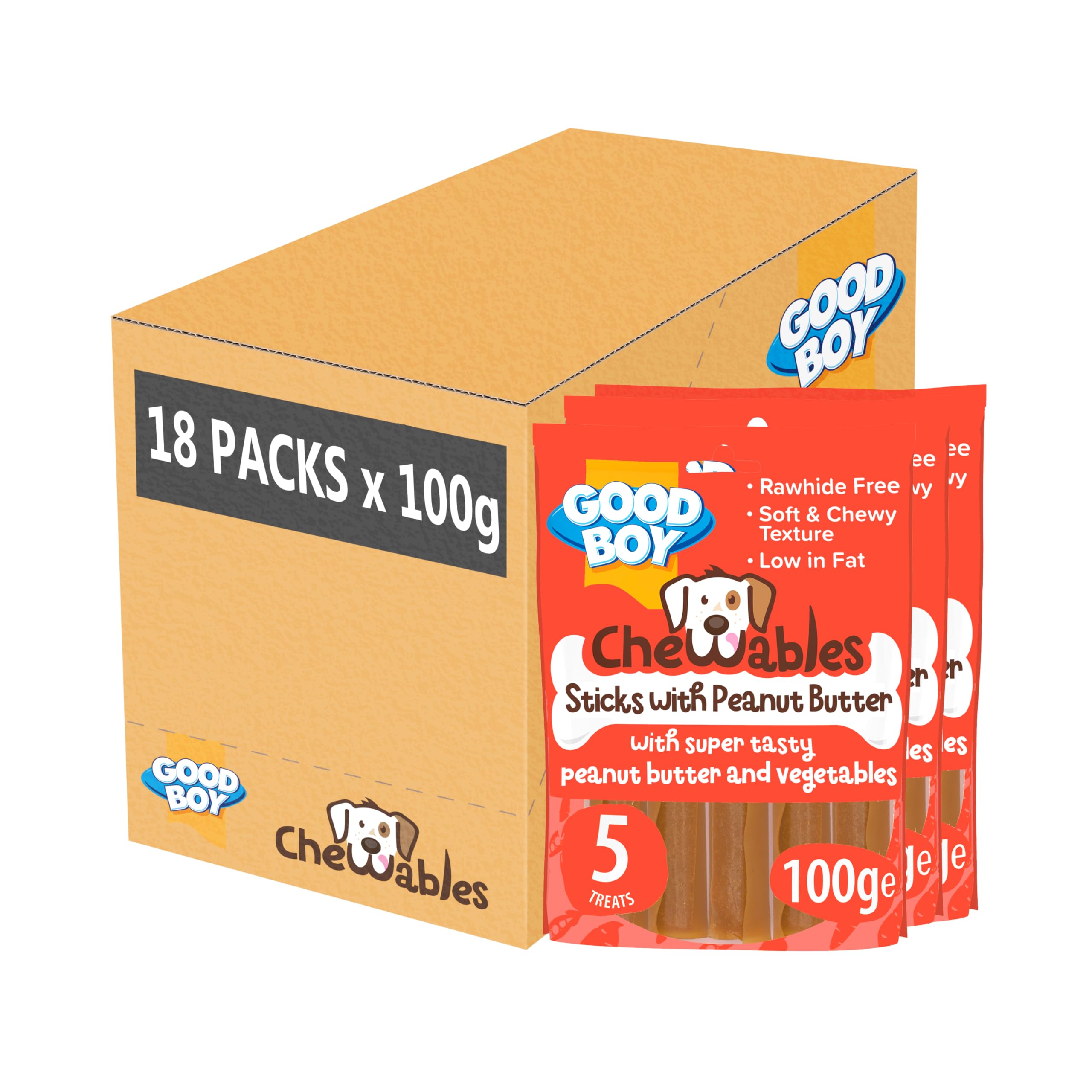 Good Boy Chewables Peanut Butter Sticks - Natural Dog Treats - Low Fat & Rawhide Free - Bulk Box - 18 x 100g