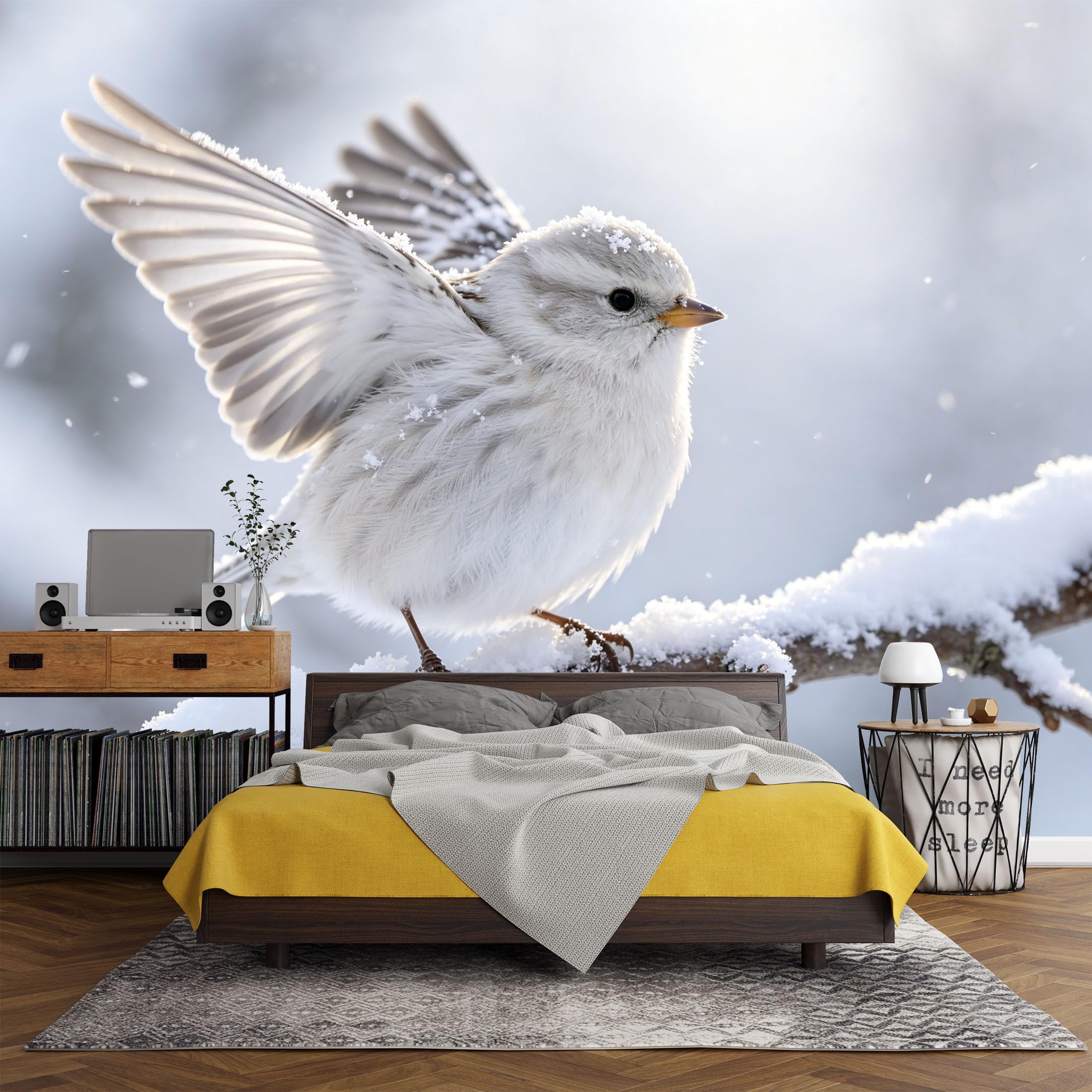 Custom Size Wall Mural White Winter Bird On Snowy Branch Wildlife Landscape Nature Photography SelfAdhesive Art Prints wall Fabric (No PVC) Removable Wallpaper Living Room Decor