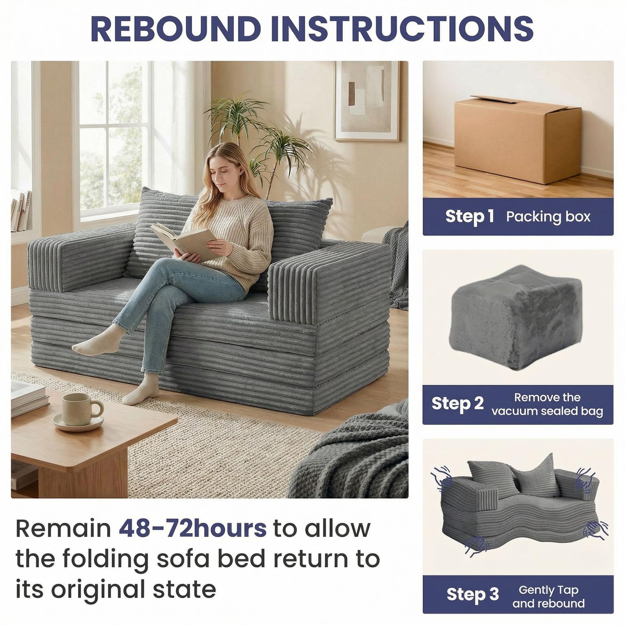 Convertible Sofa Bed, 4-in-1 Boneless Loveseat with Removable Armrests Backrest, Corduroy Futon Couch Bed with Pillow, Foldable Mattress Sleeper Sofa for Living Room Bedroom Small Place (Grey)