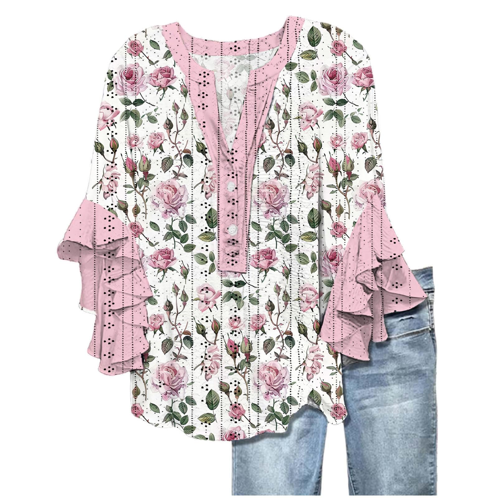 Women's Eyelet Tops V-Neck Ruffle 3/4 Sleeve Blouse Casual Loose Button Up Henley Shirts Boho Flowy Beach Clothes — view 23