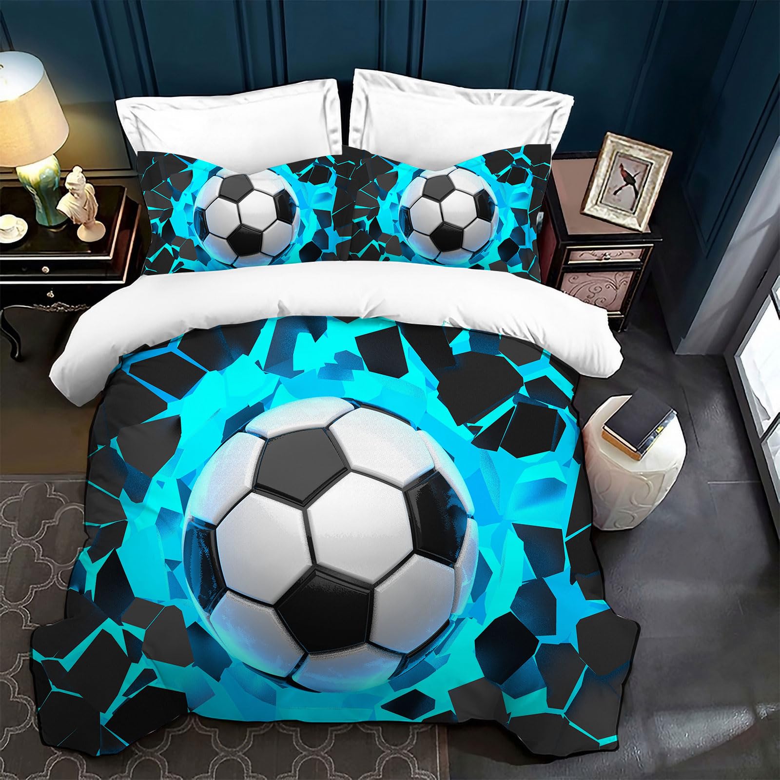 Juego de ropa de cama para niños con diseño de fútbol 135x200, juego de edredón 3D con motivo de fútbol para niños y adolescentes, color deportivo, funda de edredón suave y cómoda para adultos