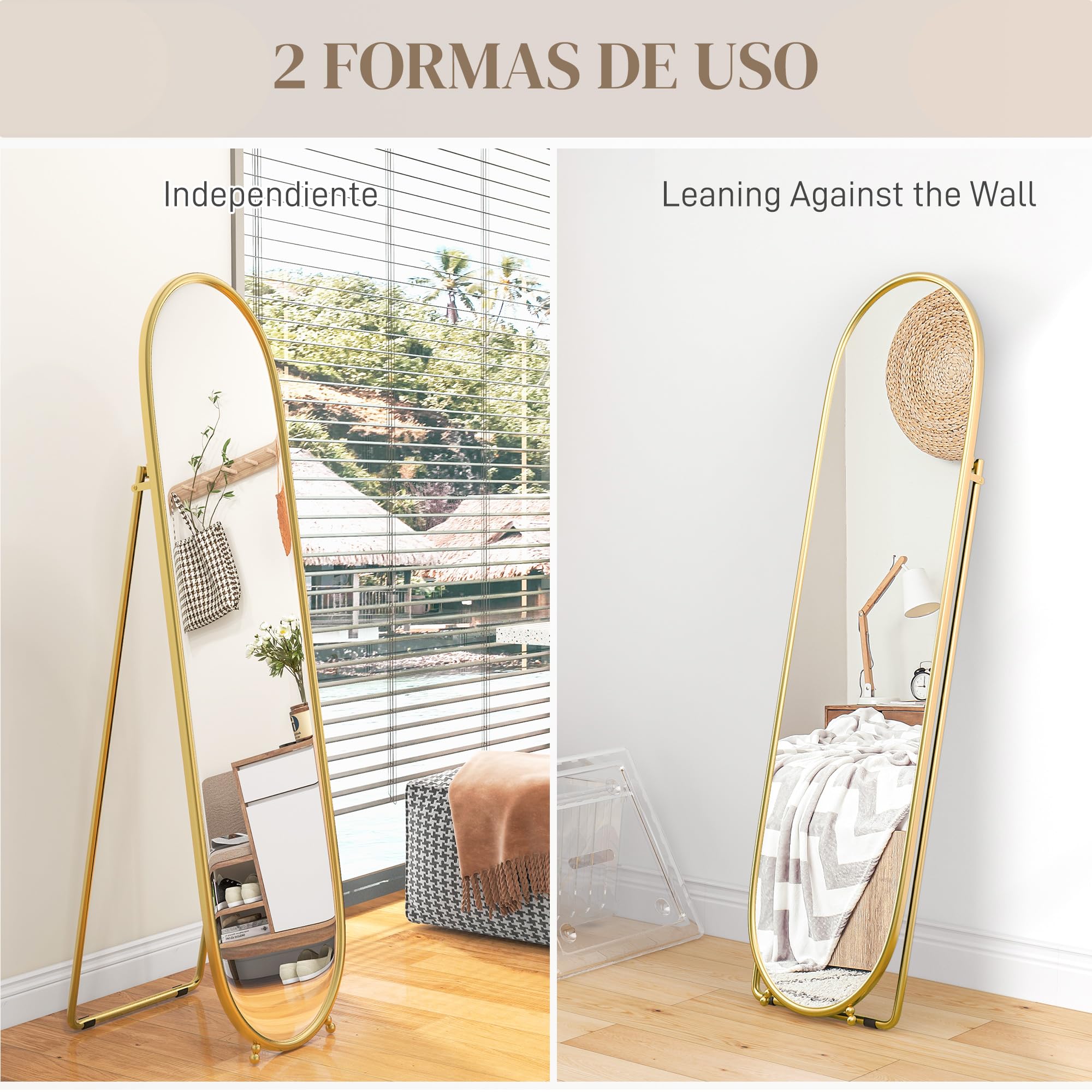 HOMCOM Espejo de Pie Cuerpo Entero Ovalado 160x40 cm, Espejo de Cuerpo Entero con Soporte, 2 Formas de Uso, Independiente y Apoyado, para Salón, Entrada, Dormitorio, Vestidor, Dorado
