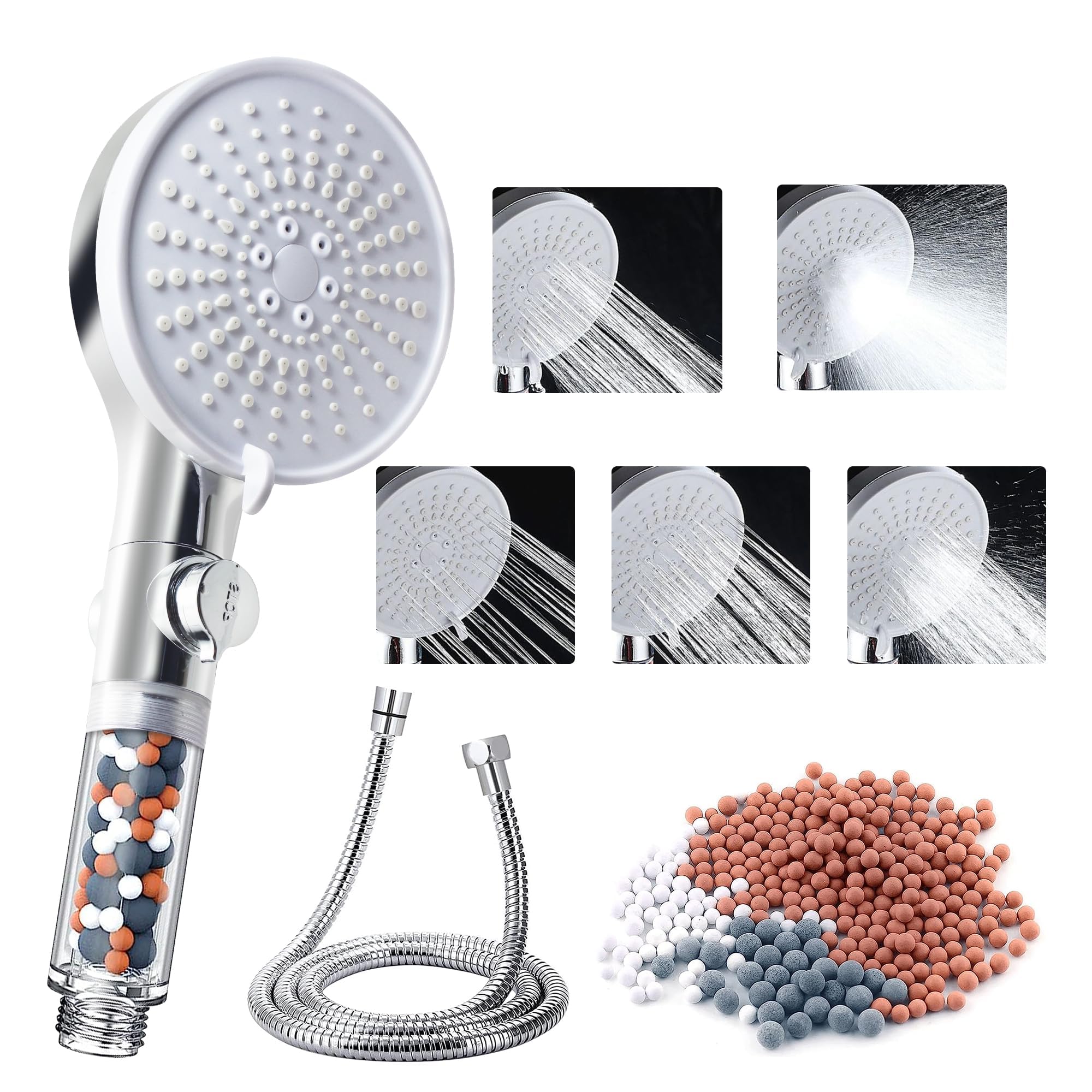 SYOSI Shower Head Filter with Stop Switch, 12cm High Pressure Handheld Stone Shower Head, 5 Spray Modes Water Saving Shower Head with 1.5m Hose, Silver