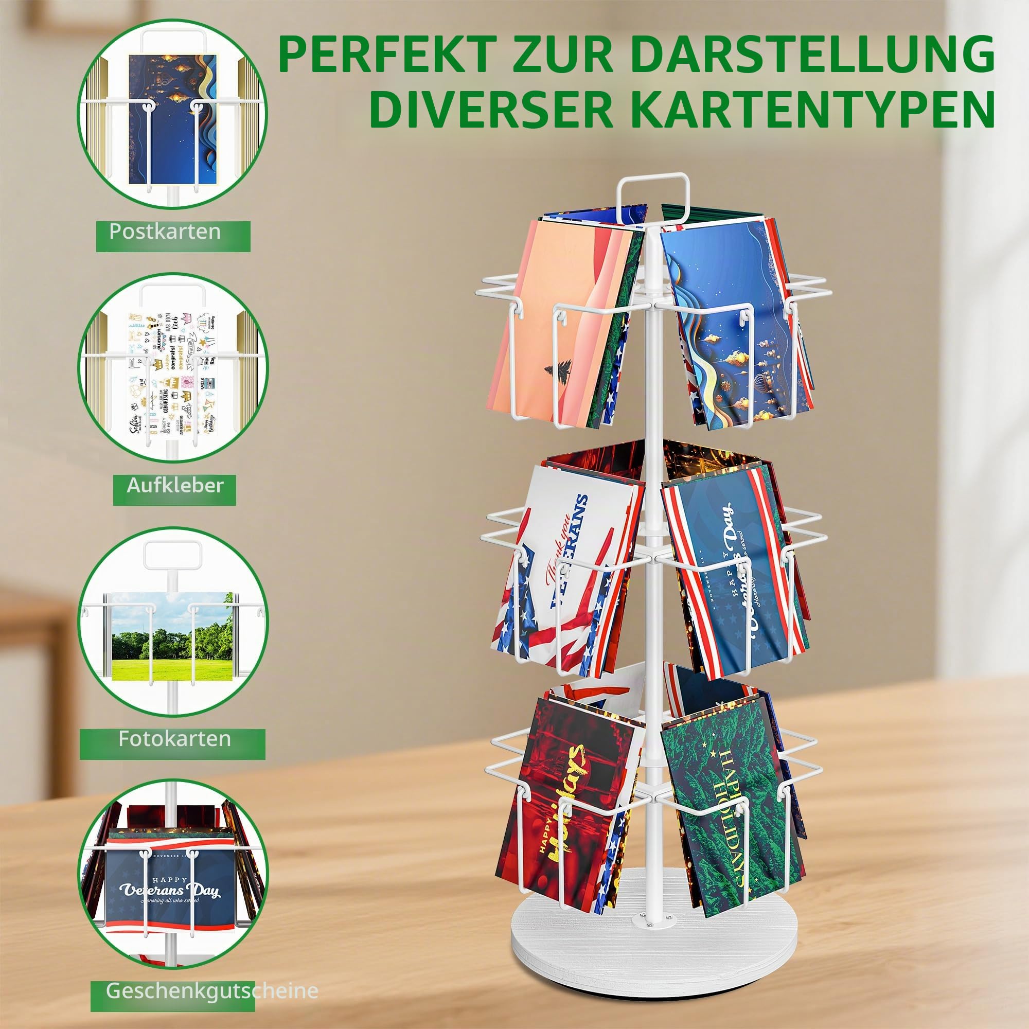 3-stöckiger drehbarer Grußkartenständer mit 12 Taschen, Metall-Grußkartenregal für Aufkleber, Fotokarte, Broschüren, Arbeitsplatte, Postkartenhalter, Präsentationsständer für Zuhause, Vitrine