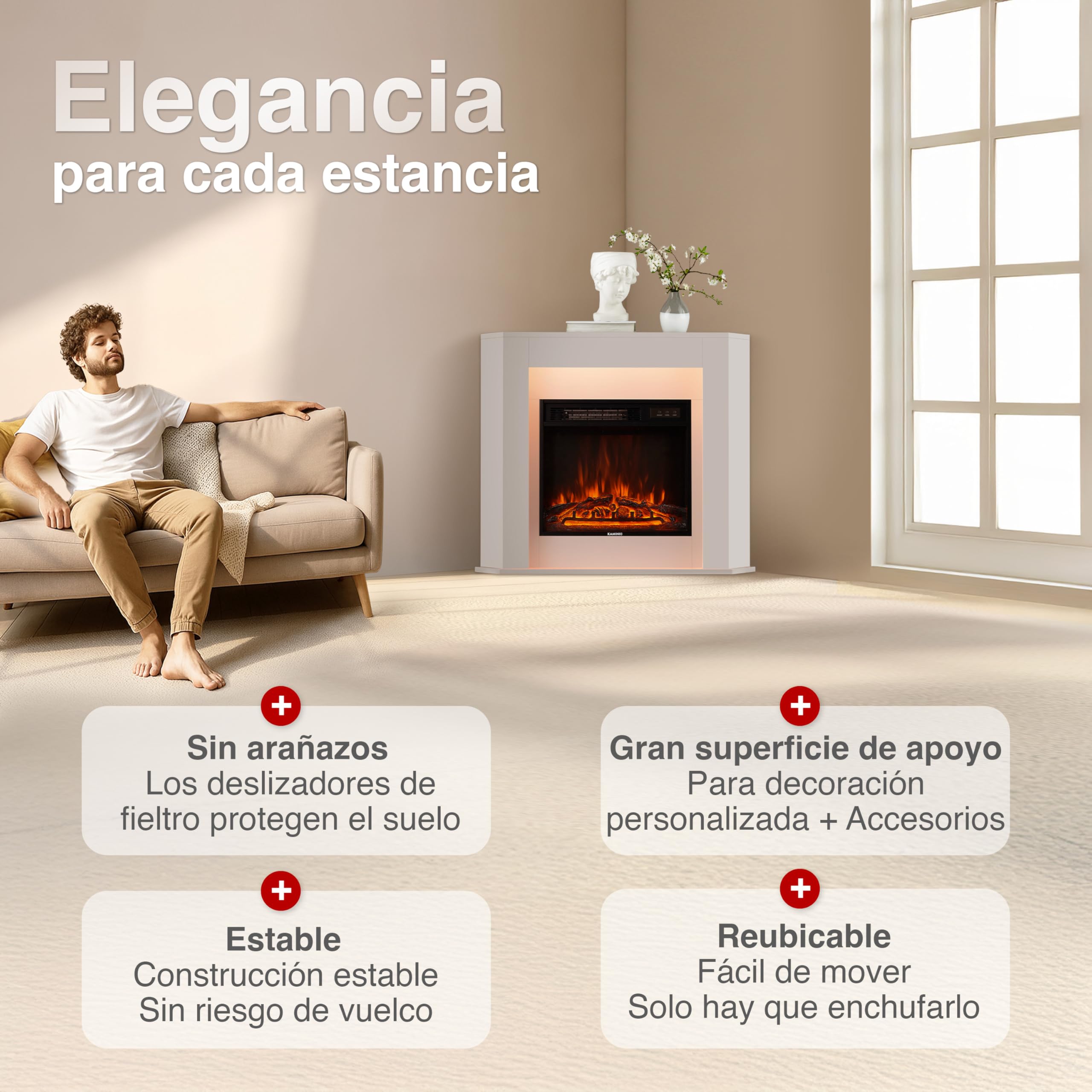 KAMINIO Chimenea eléctrica Matti - Chimenea eléctrica de Esquina con calefacción, Efecto de Llama 3D, Luz Ambiental LED, Control Remoto - Esquina (Blanco)