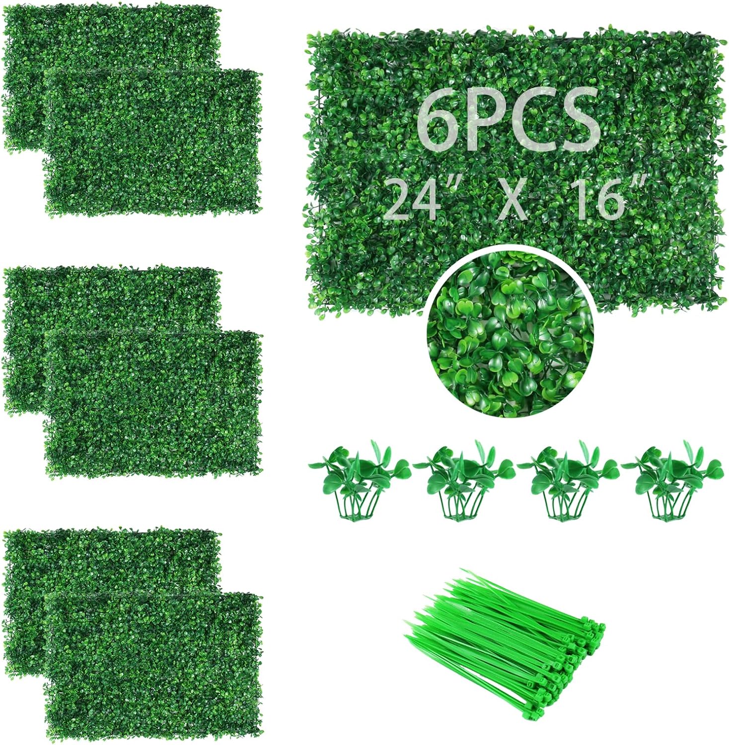 6PCS Artificial Boxwood Panels Grass Wall Backdrop, 24" x 16" Faux Hedge Wall Panels Privacy Fence UV Protection for Indoor, Wedding, Party, Outdoor Garden, Backyard Fence Decoration 6Pcs 24" x 16"
