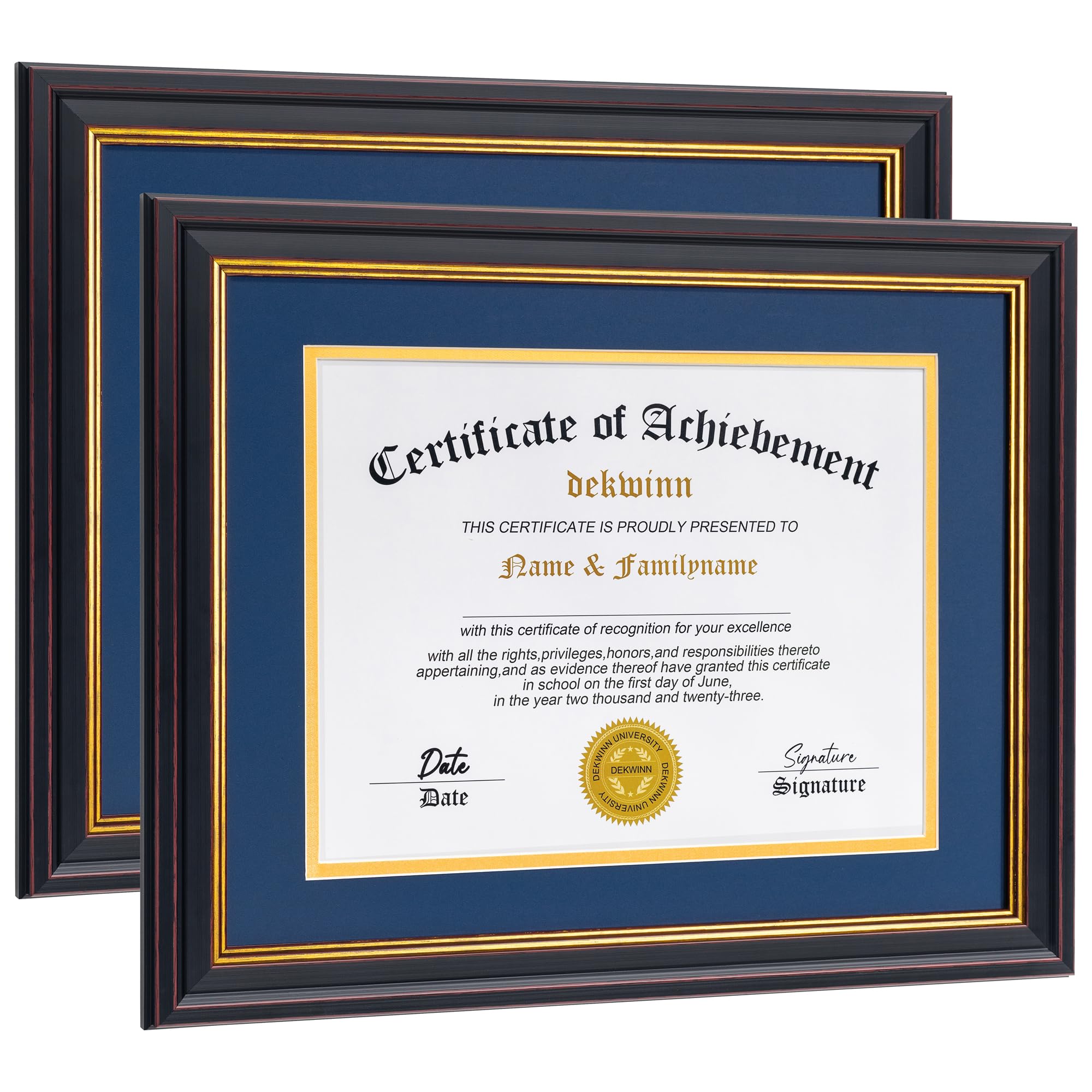 Diploma Frames 8.5x11 with Mat or 11x14 without Mat,2 Pack Certificate Document Frame with Real Glass,Black Gold &amp; Burgundy Molding(Blue/Gold Double Mat)
