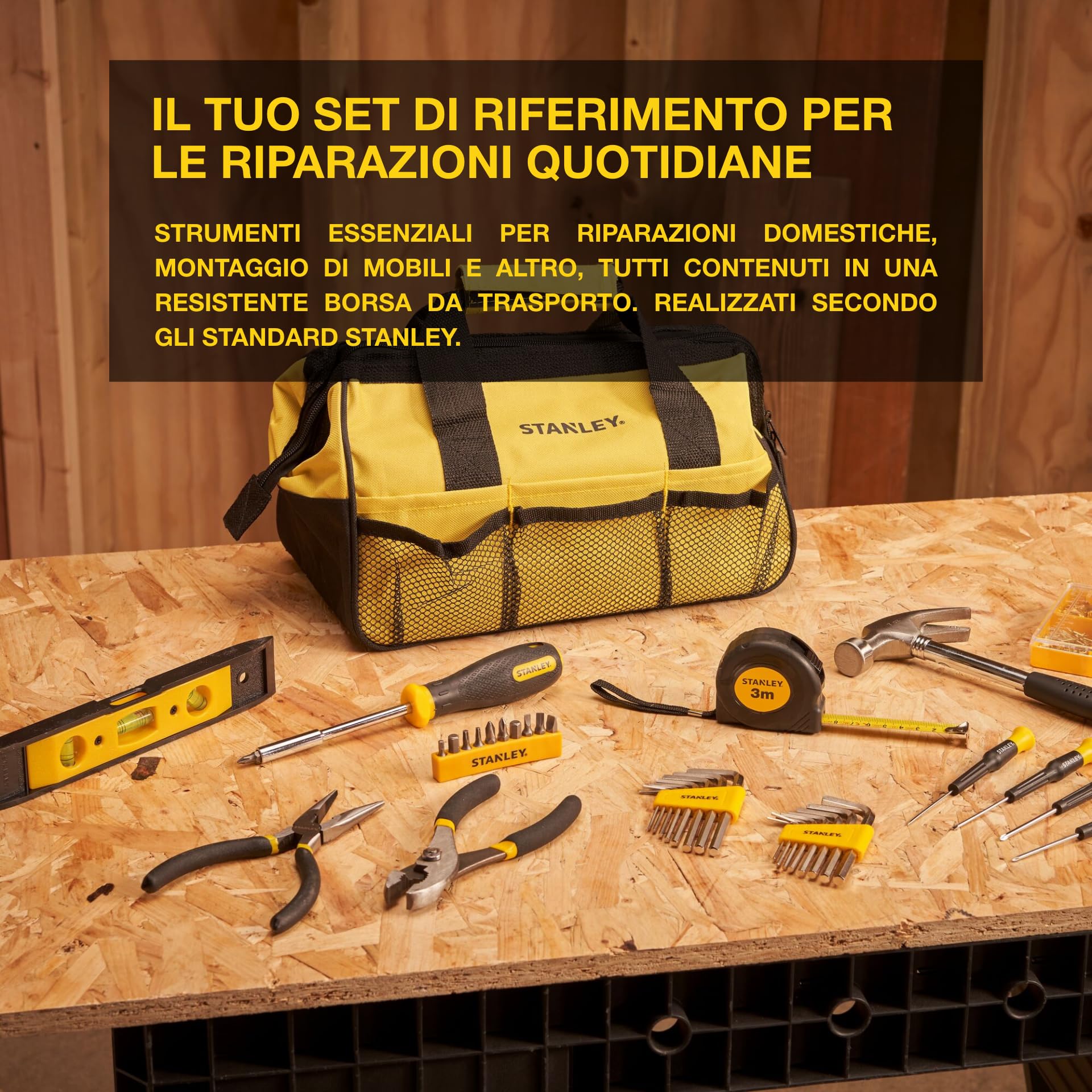 STANLEY Set Attrezzi 38 Pezzi con Borsa - Martello, Pinze, Cacciaviti, Chiavi Allen, Metro, Livella e Ferramenta -Resistente, Portatile, Affidabile - STMT0-74101