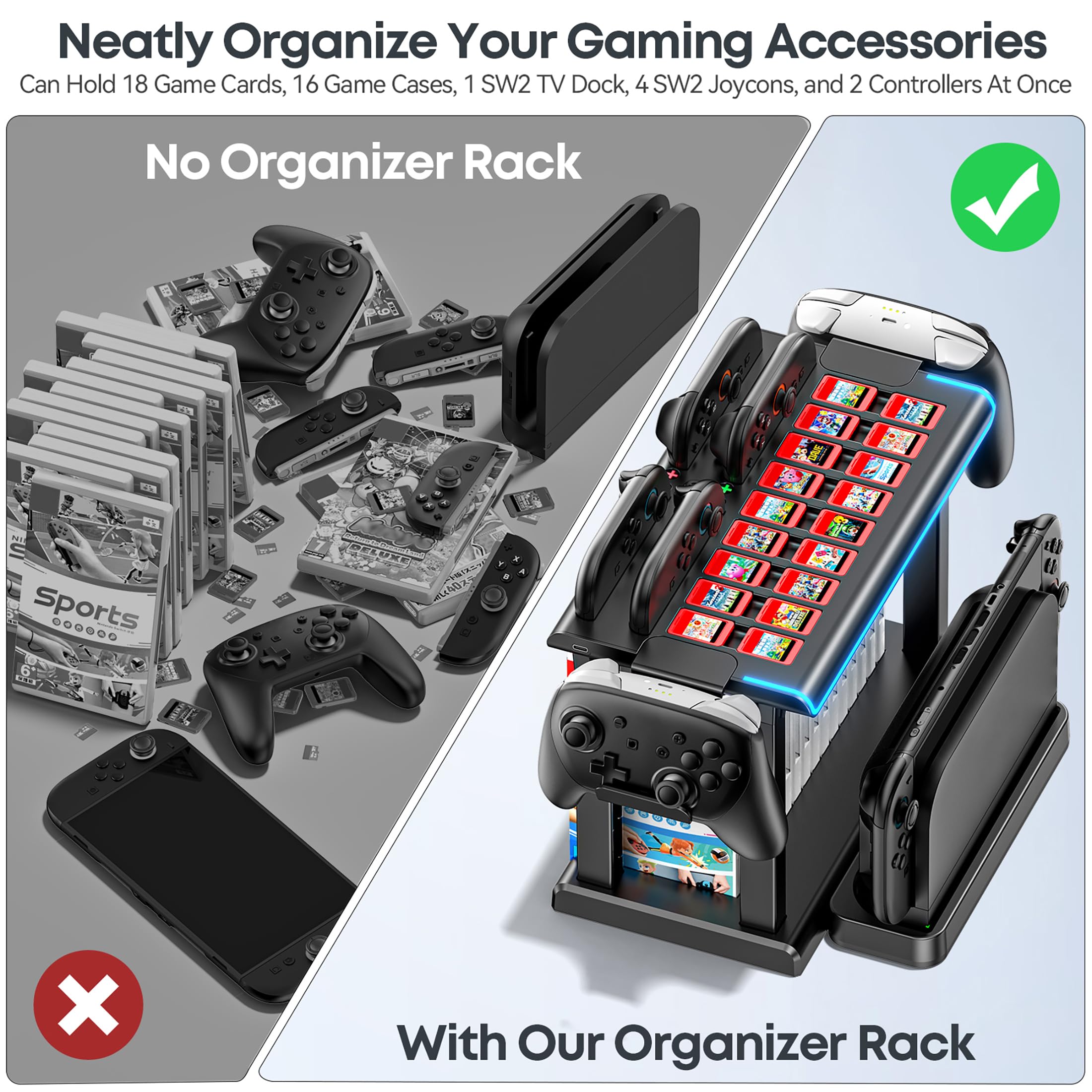 Gersker Station d'organisation Switch 2 avec Chargeur de Manette, Rangement et Organisateur pour Switch 2 (Pas Original/OLED), Station de Charge avec Lumière Ambiante, 18 Fentes pour Cartes de Jeu
