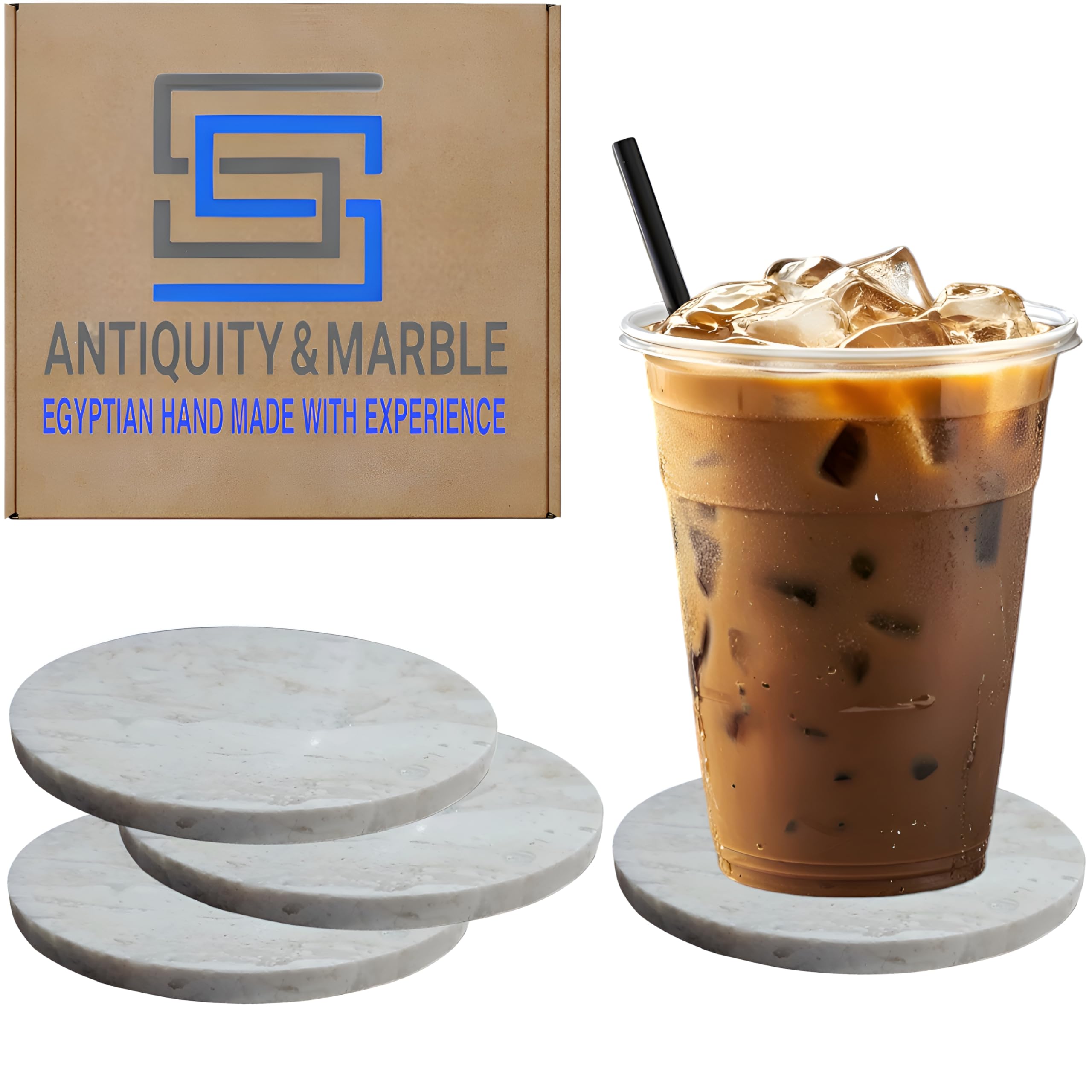 SS Antiquity & Marble Set of 6 –3.5 Egyptian Handmade Marble Coasters–Luxury Drink Coasters for Coffee Table, Home Bar, Kitchen & Office – Elegant Natural Stone Design with Soft Velvet Base.