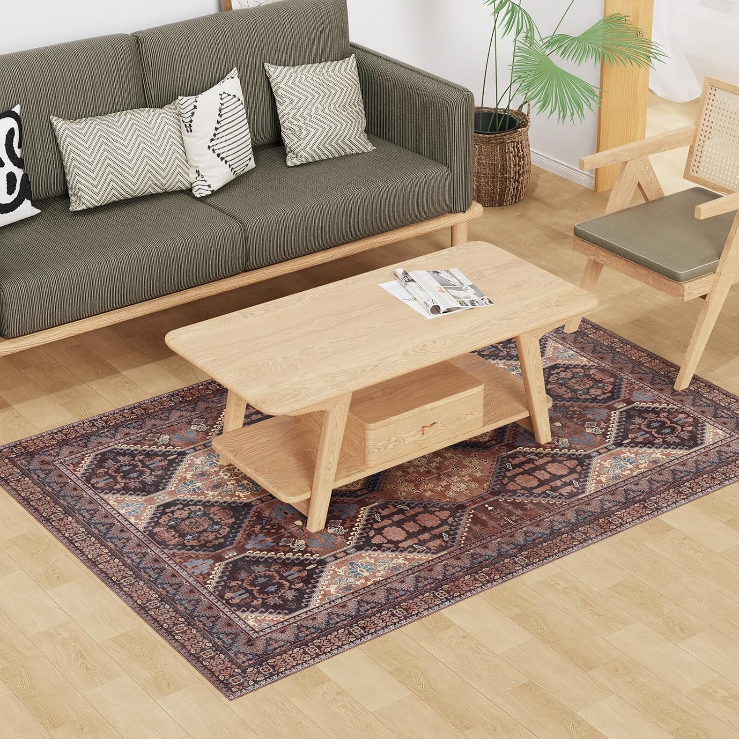 Floor Mat for Home 4×6ft, Easy Clean Plastic Rug-Like Pattern Area Mat for Living Room, Waterproof Vinyl Area Rug for Under Kitchen Table, No Slip Soft Vintage Rug for High Traffic Area (Brown) Brown (Rug-style) 4' x 6' (Rectangular)