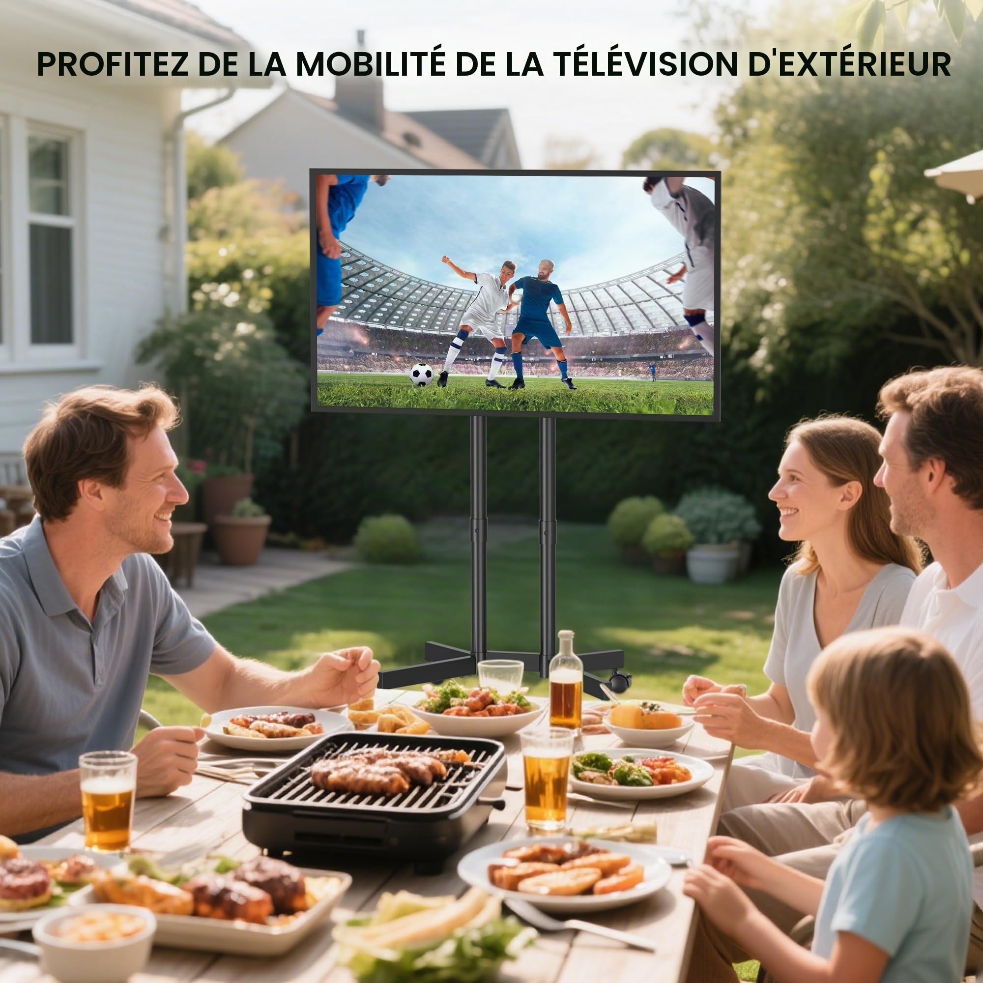 BONTEC Support TV sur Pied Universel, Pied télévision sur roulettes 32-70 Pouces, Hauteur réglable, Double Colonne Stable, roulettes verrouillables 360°, VESA 400x400, sans percer, Gestion câbles