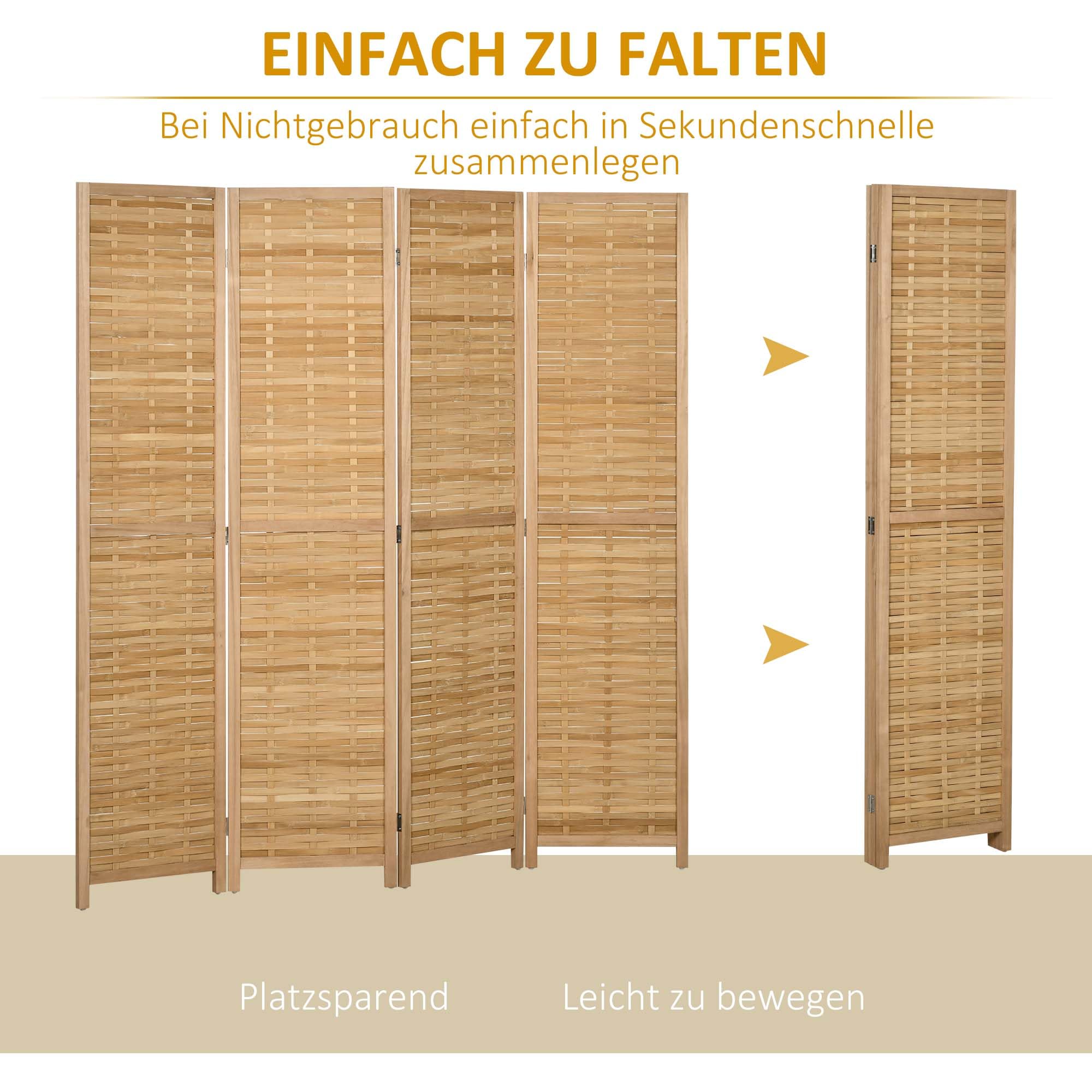 HOMCOM Parawan 4-częściowy, 160 x 170 cm, ścianka działowa z bambusa, składana ochrona przed wzrokiem, ścianka działowa do salonu, sypialni, kolor naturalny