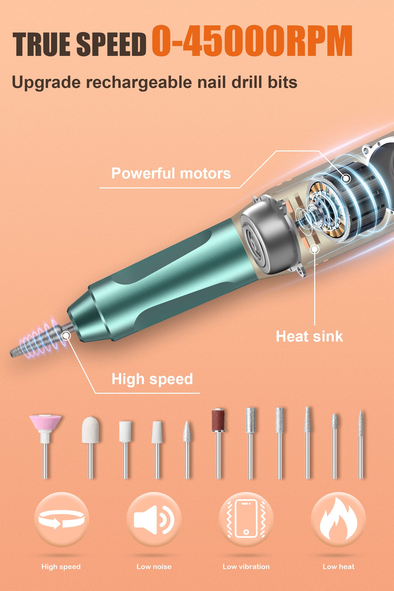 Amazon.com: Electric Nail Drill Professional, 45000RPM Cordless