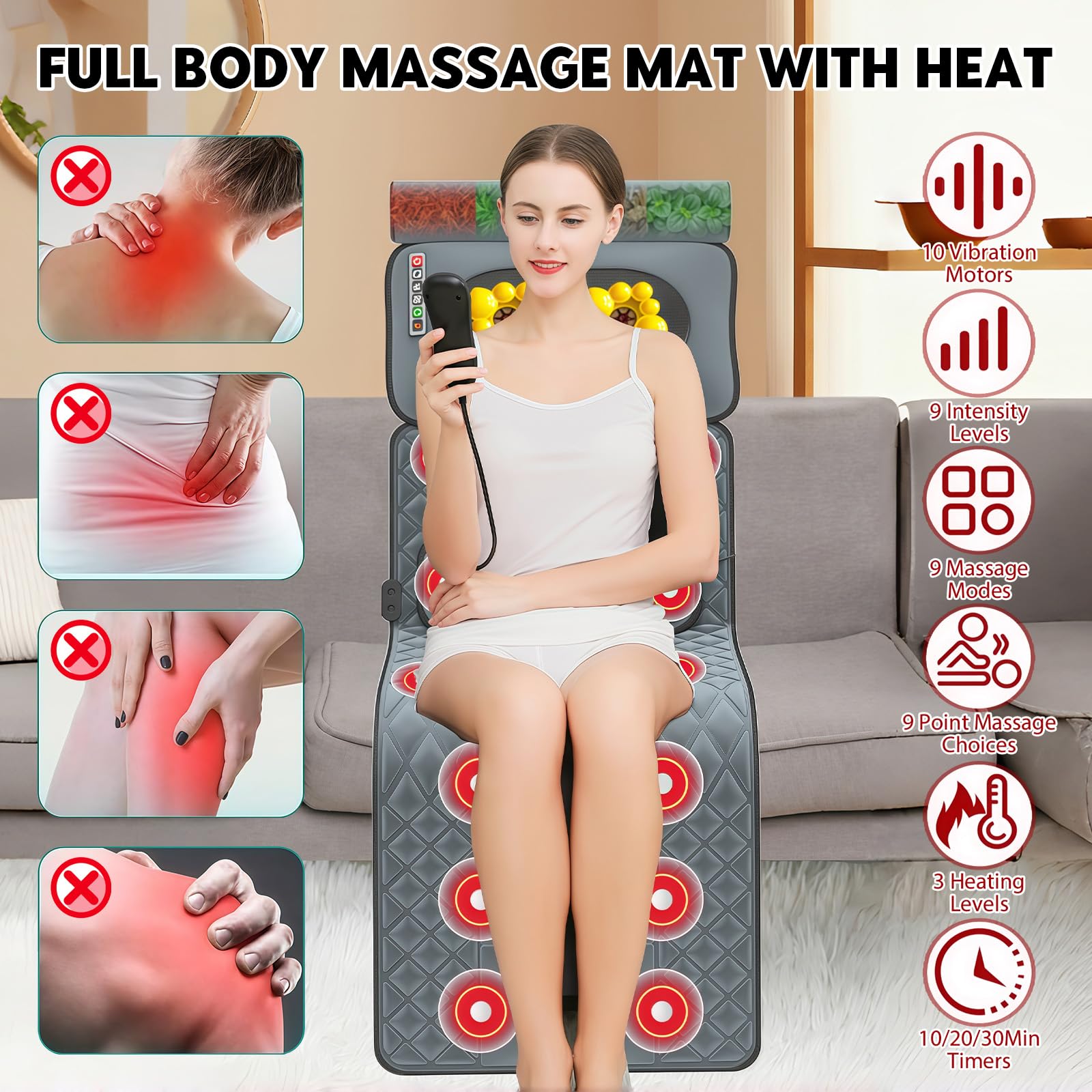 Alfombrilla de masaje para todo el cuerpo, con función de calentamiento, 9 modos de masaje y 9 modos de velocidad, cojín de masaje con reposacabezas extraíble y dispositivo de masaje multifunción para