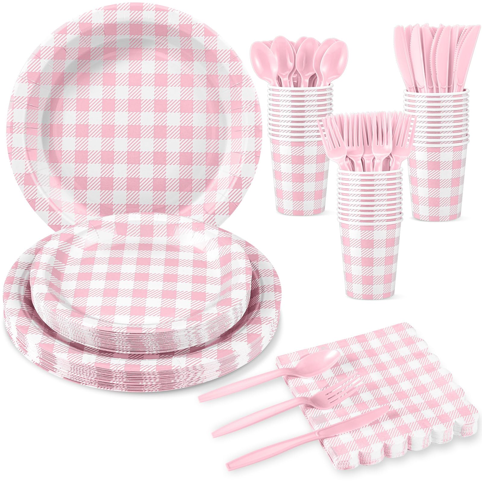 175 Pcs Gingham Party Supplies Include Light Pink Gingham Plates and Napkins Cups Plastic Cutlery Disposable Pink and White Checkered Plates Set for Picnic, Baby Shower, Wedding