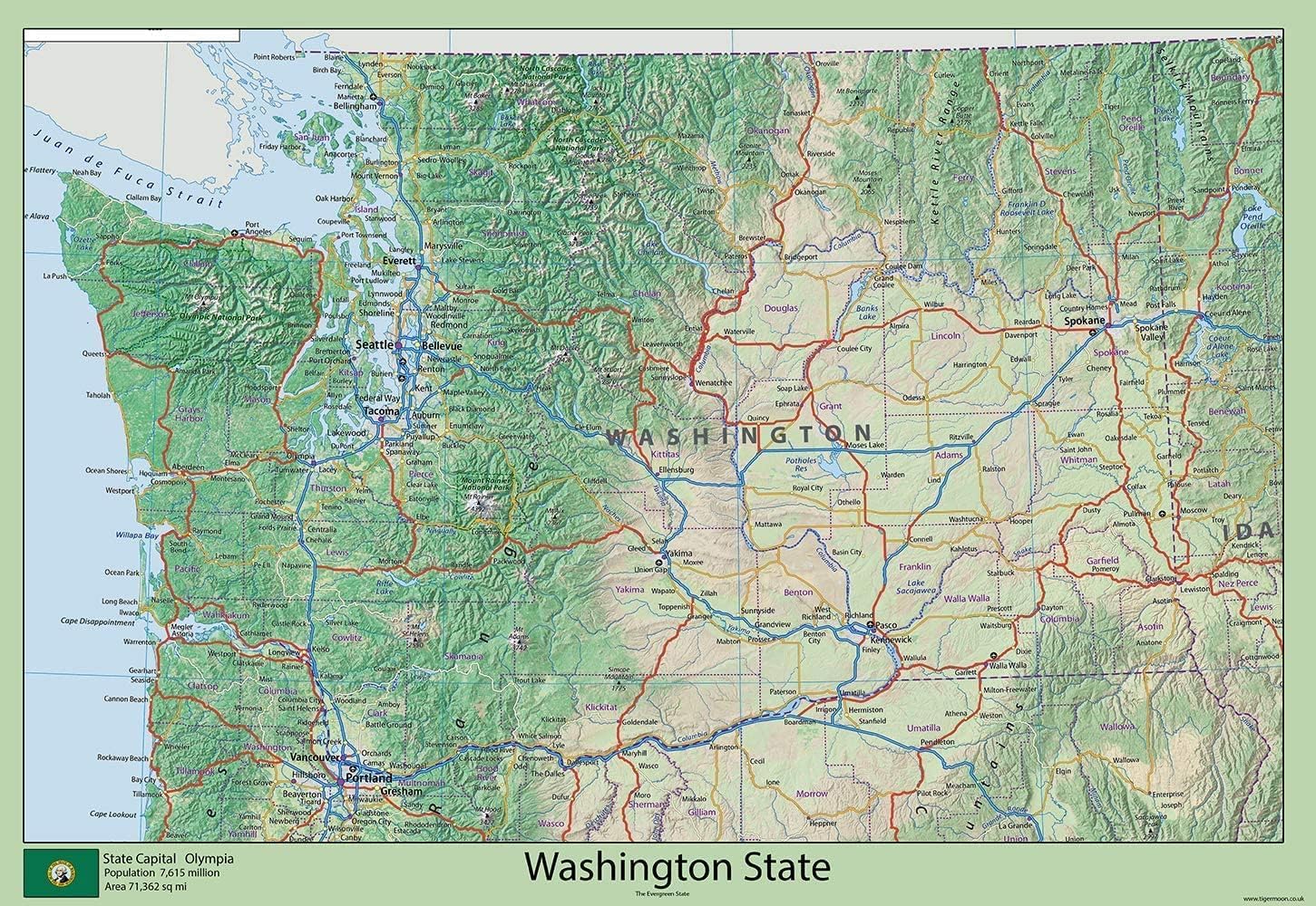 USA State Maps - Washington State Physical Map - Size 59.4 x 40.9 cm - Paper Laminated