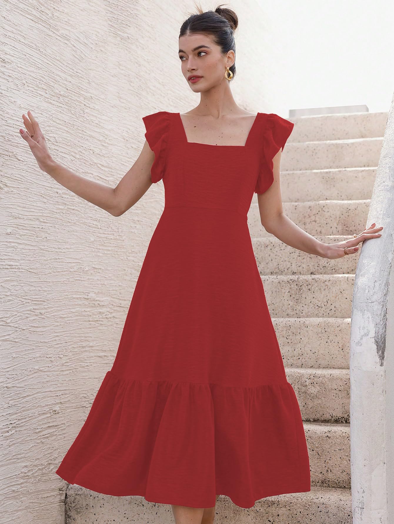 Sugathari Chica y mujer Color sólido cuello cuadrado, dobladillo con volantes sin mangas, sisas con volantes y vestido casual con cintura entallado trajes de vacaciones para mujer (vestido 176)