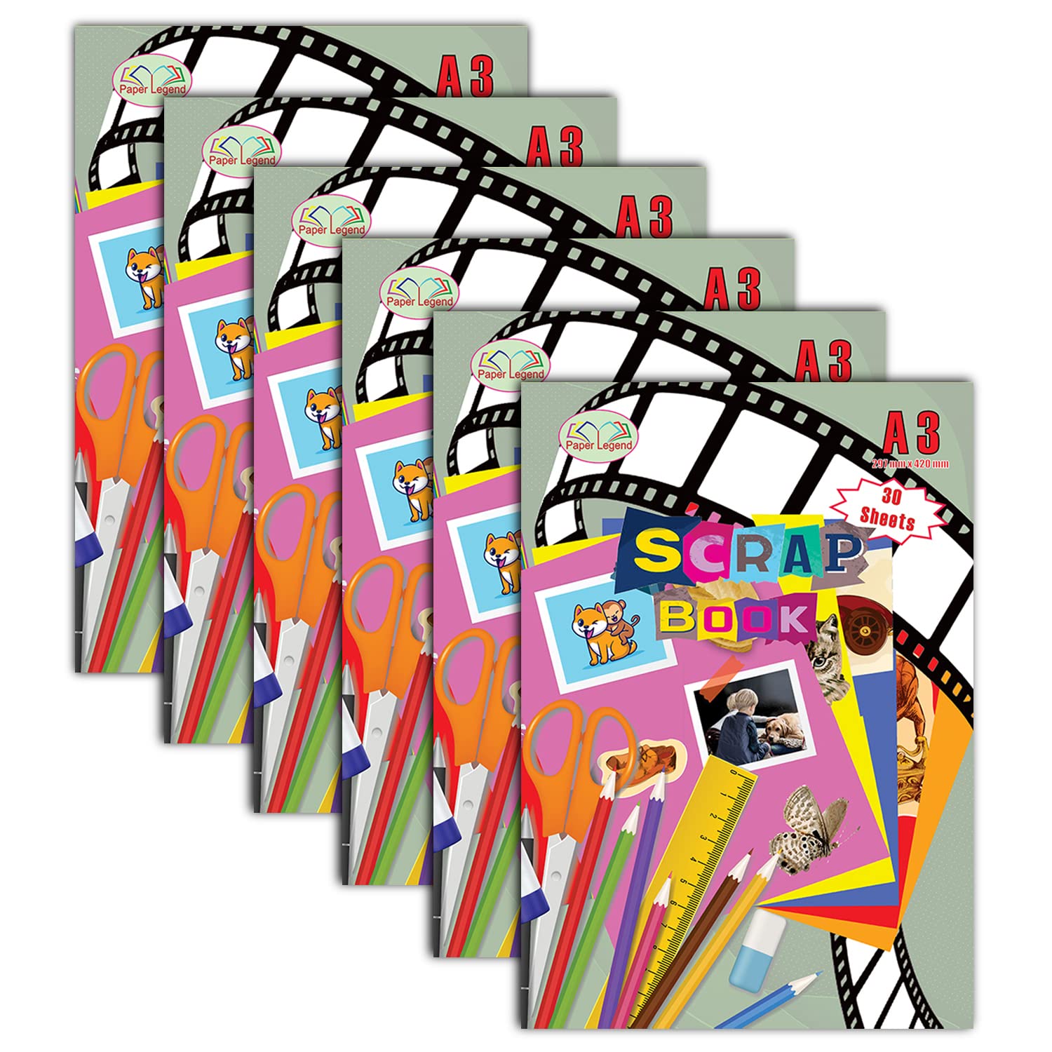 JMS we create smile (Set of 6) Staple Bound Scrapbooks Assorted Colour Sheets, A3/A4 Scrap Books for Children Kids and Adults - Art & Craft Family Photo Album Book (A3)