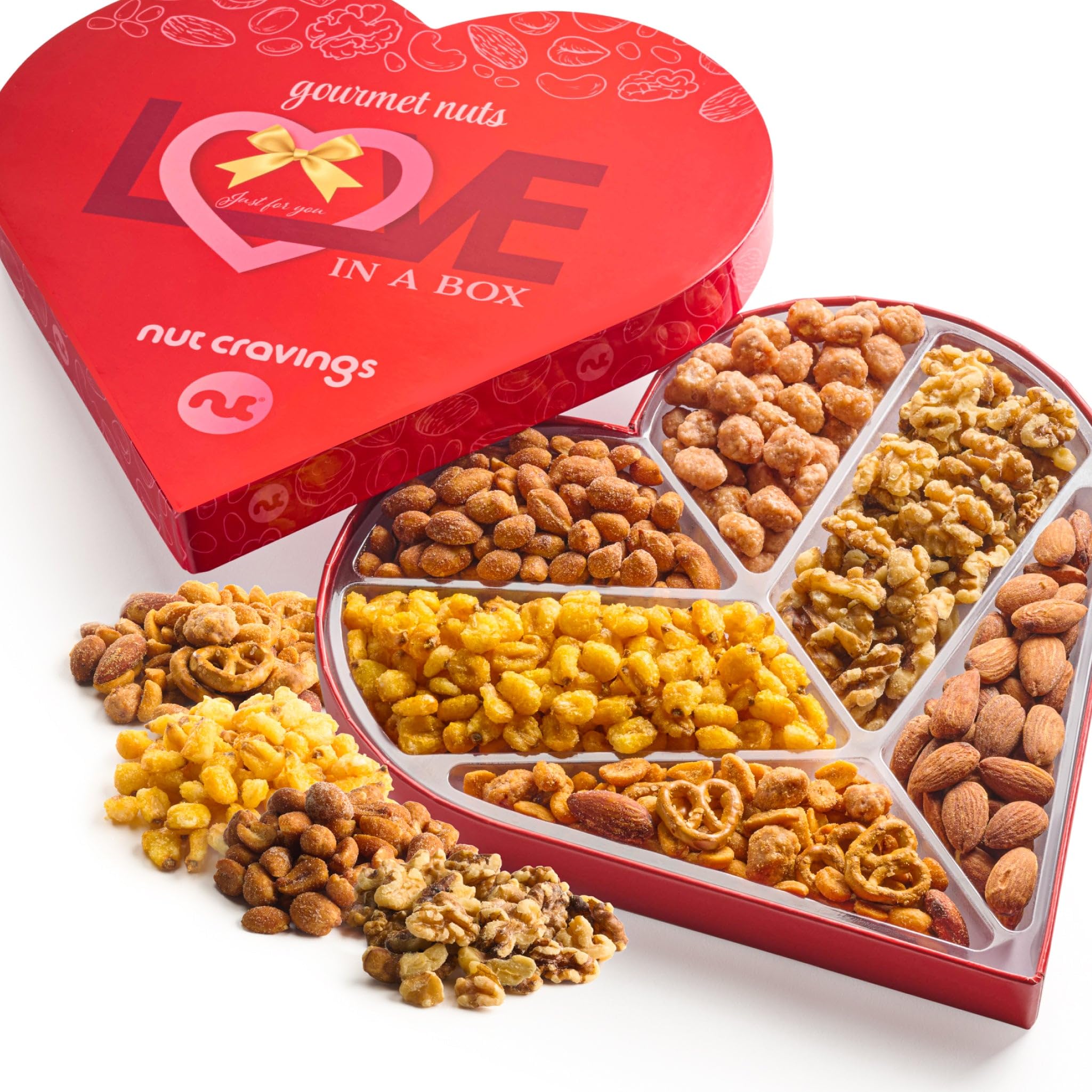 Valentines Day Mixed Nuts Heart Shaped Gift Basket, Love in A Box (6 Assortments) Romantic Food Arrangement, Healthy Snack Care Package, Food Assortments